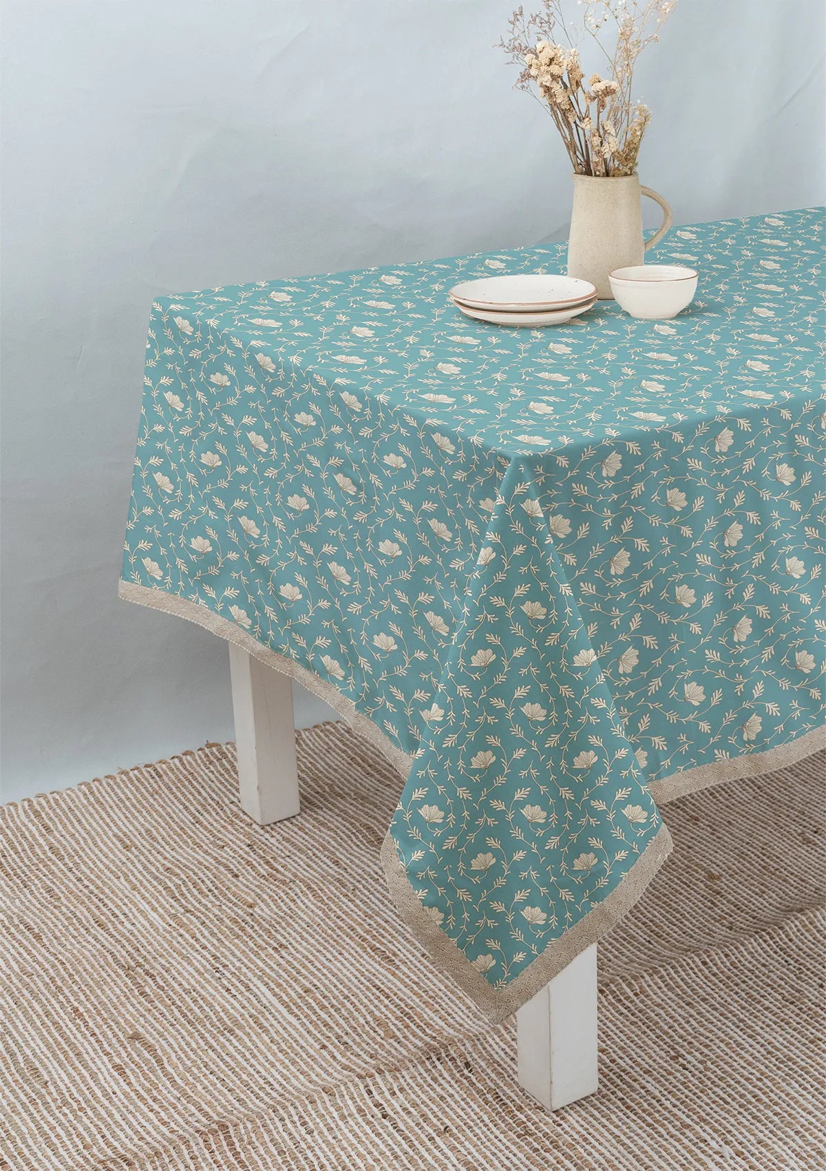 Eden aqua blue 100% cotton floral table cloth for 4 seater or 6 seater dining with lace border