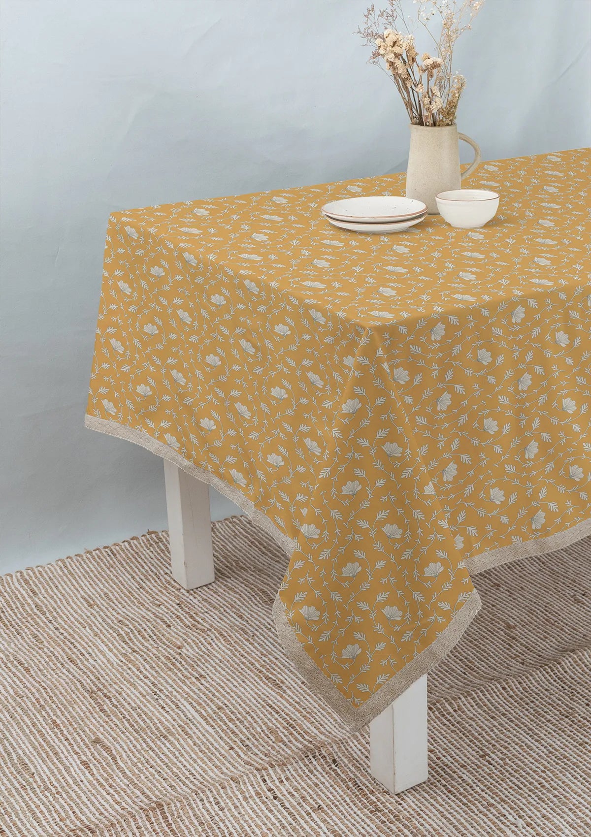 Eden mustard 100% cotton floral table cloth for 4 seater or 6 seater dining with lace border