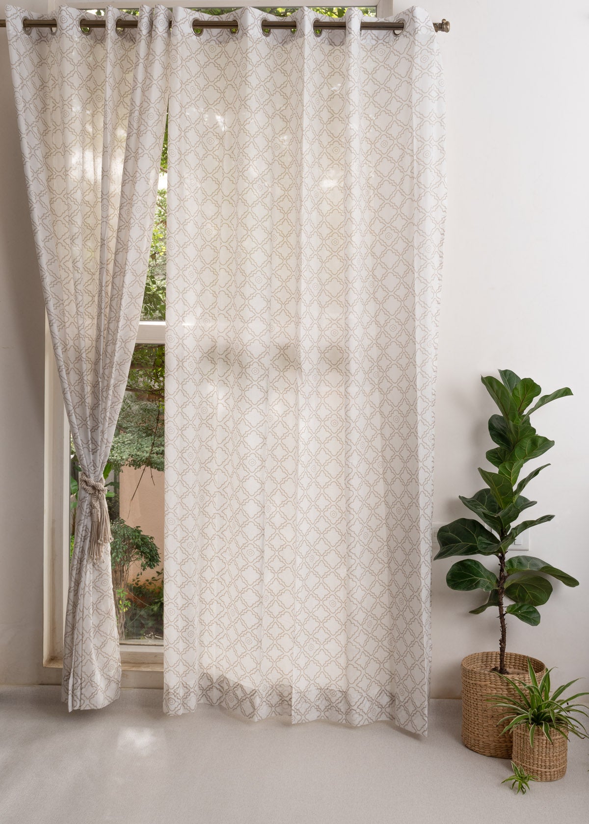 Lattice 100% Customizable Cotton Sheer Geometric curtain for Living room & bedroom - Light filtering - Walnut Grey