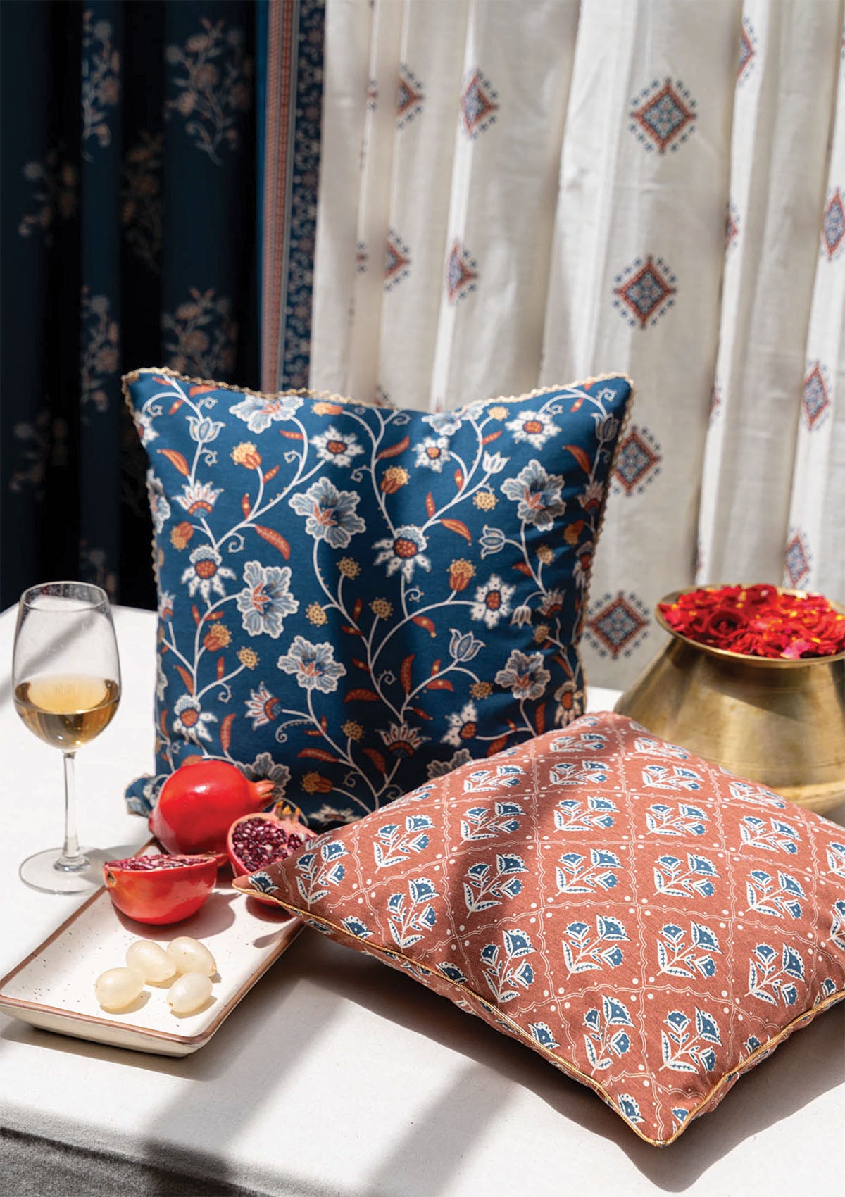 Leher Gold printed & Mani Printed  100% Cotton Cushion Covers for Sofa - Indigo and Red - Pack of 2
