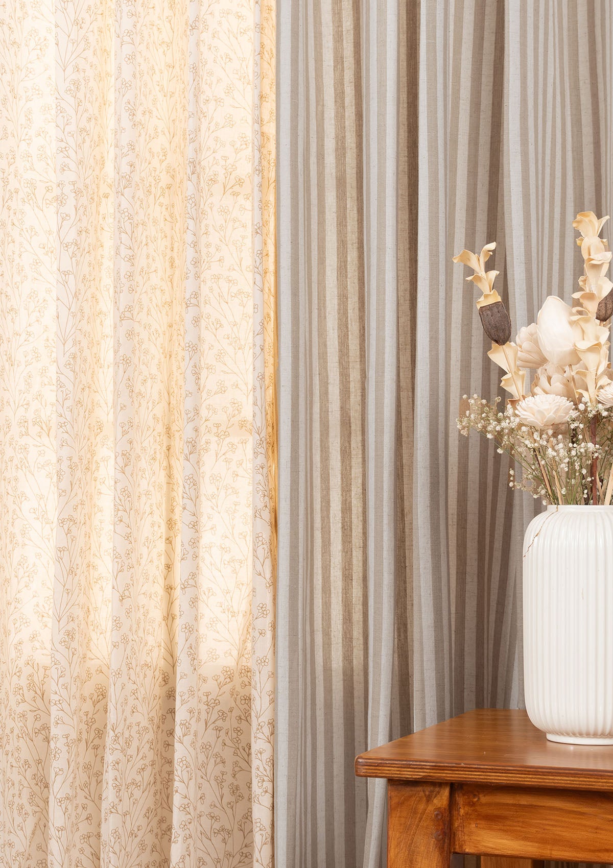 Loom Geometric Pattern Linen Curtain with Canopy 100% cotton floral sheer curtain Light Reduction Curtain for Living Room - Grey & Ivory - Pack of 4