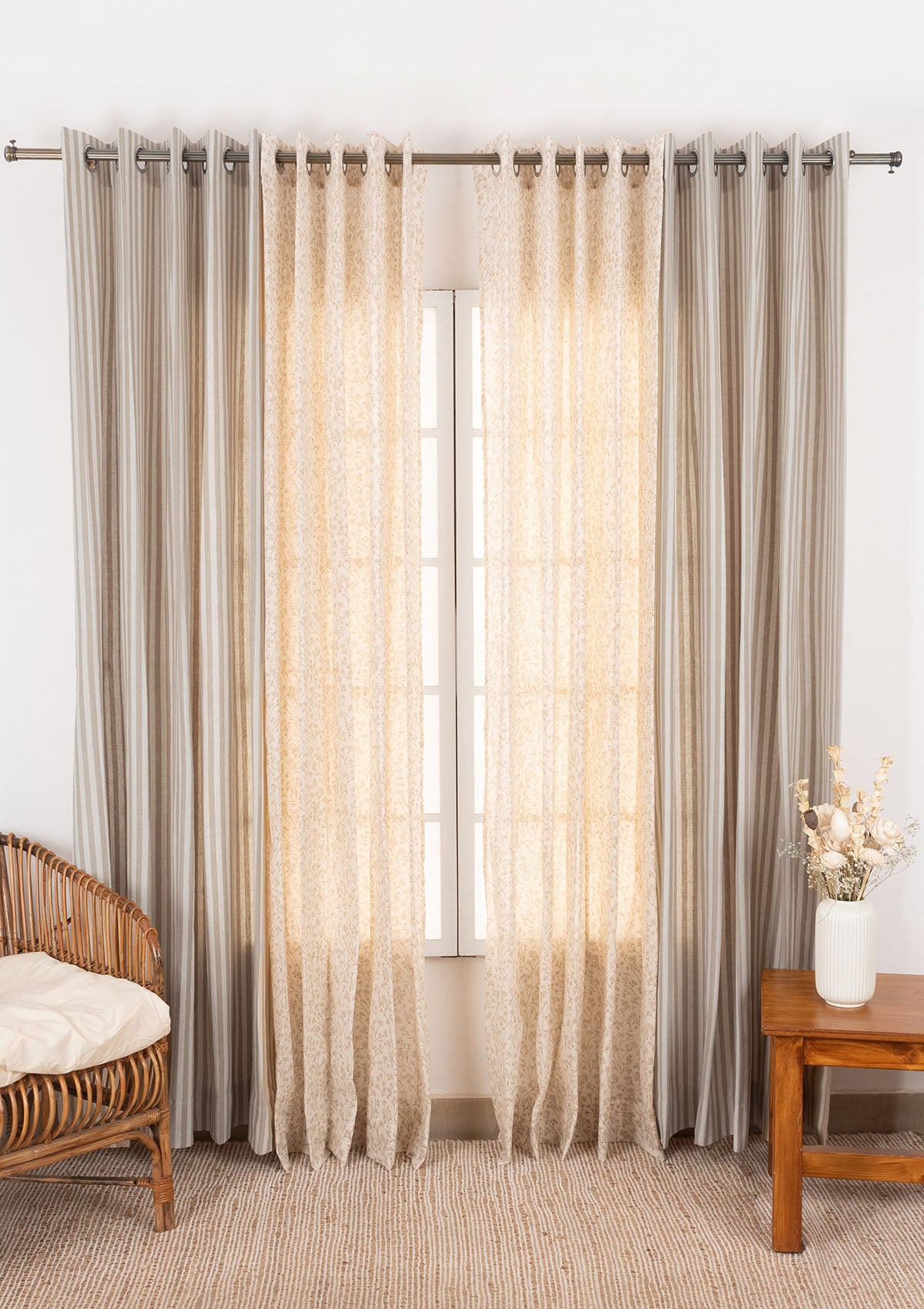 Loom Geometric Pattern Linen Curtain with Canopy 100% cotton floral sheer curtain Light Reduction Curtain for Living Room - Grey & Ivory - Pack of 4