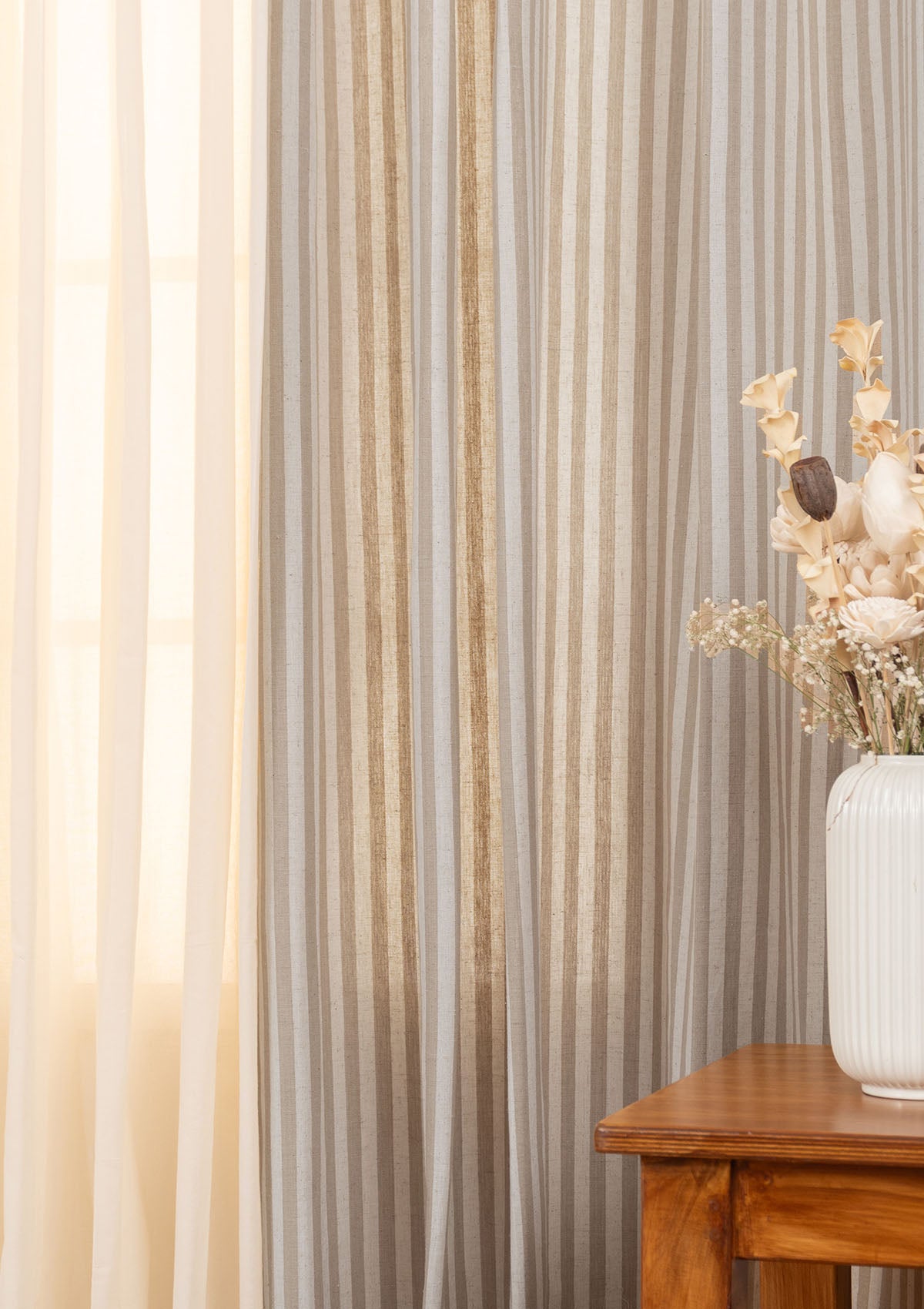 Loom Geometric Pattern Linen Curtain with Solid Cream Sheer - 100% Cotton Light Reduction Curtain for Living Room - Grey & Cream - Pack of 4