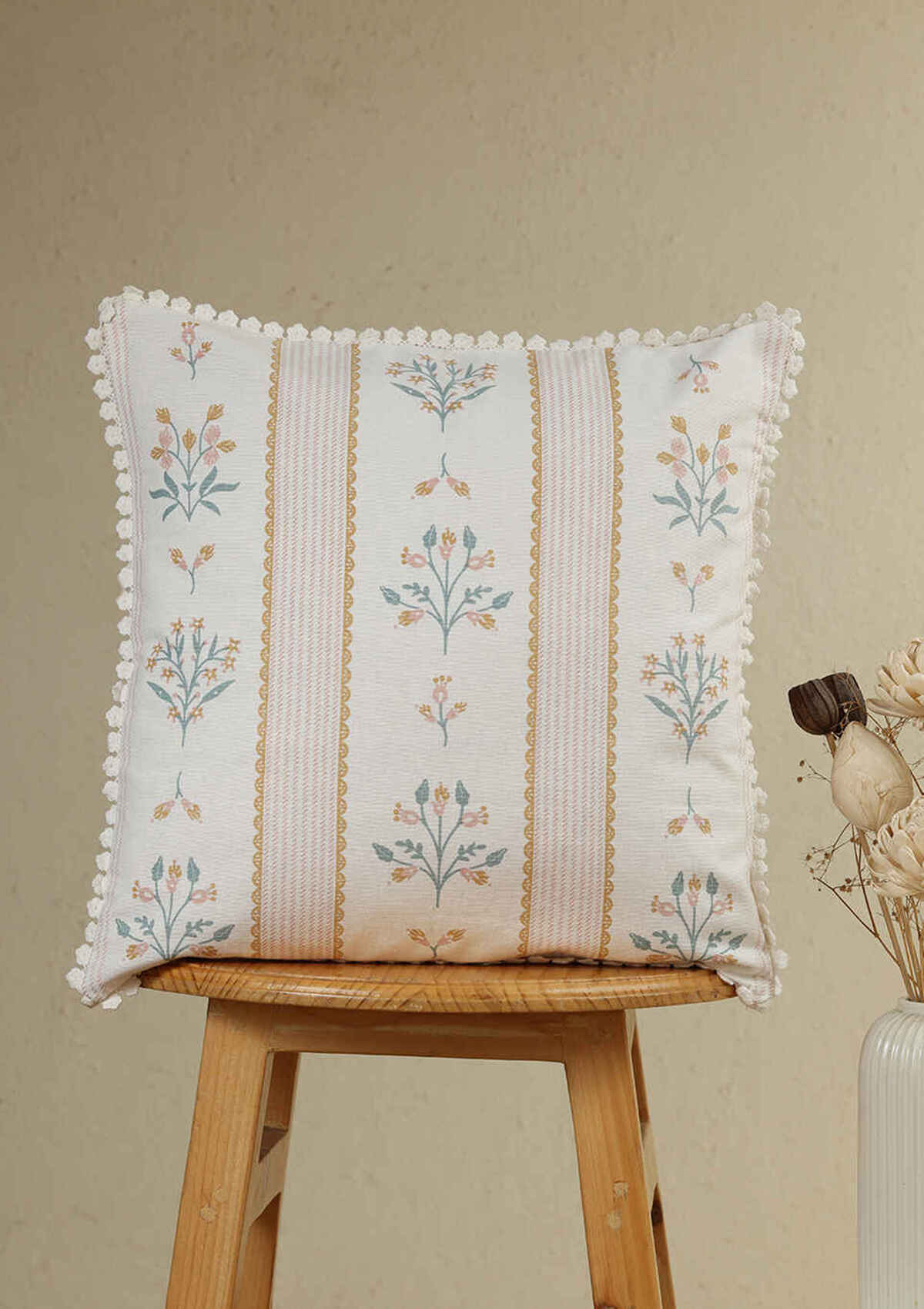 Lumi Pink Floral Printed 100% Cotton Cushion Cover For Sofa