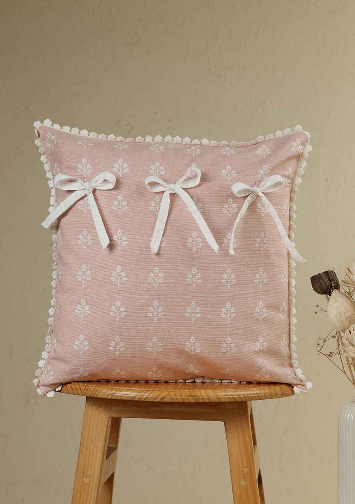 Lumi Pink Floral Printed 100% Cotton Cushion Cover For Sofa