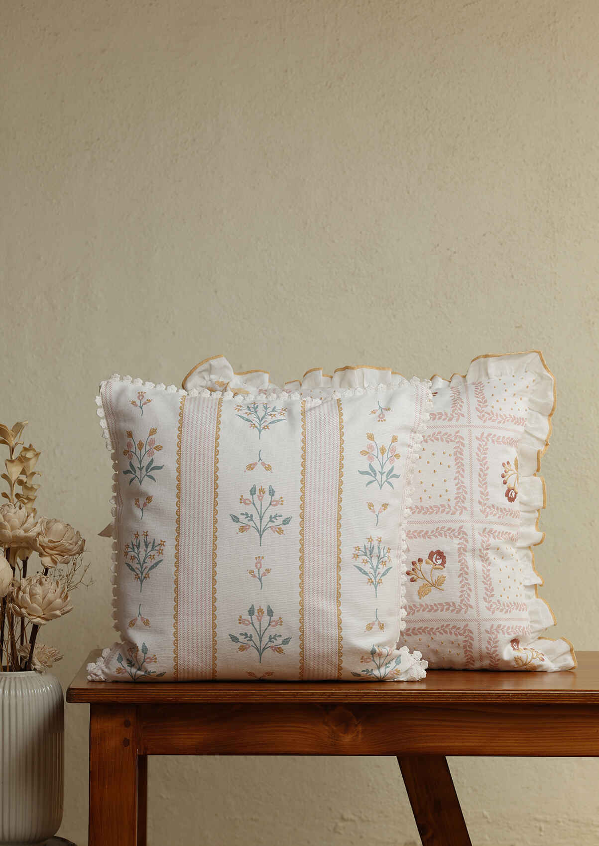 Lumi & Elora Printed Embroidered |100% Cotton Cushion Covers for Sofa | Pink | Pack of 2