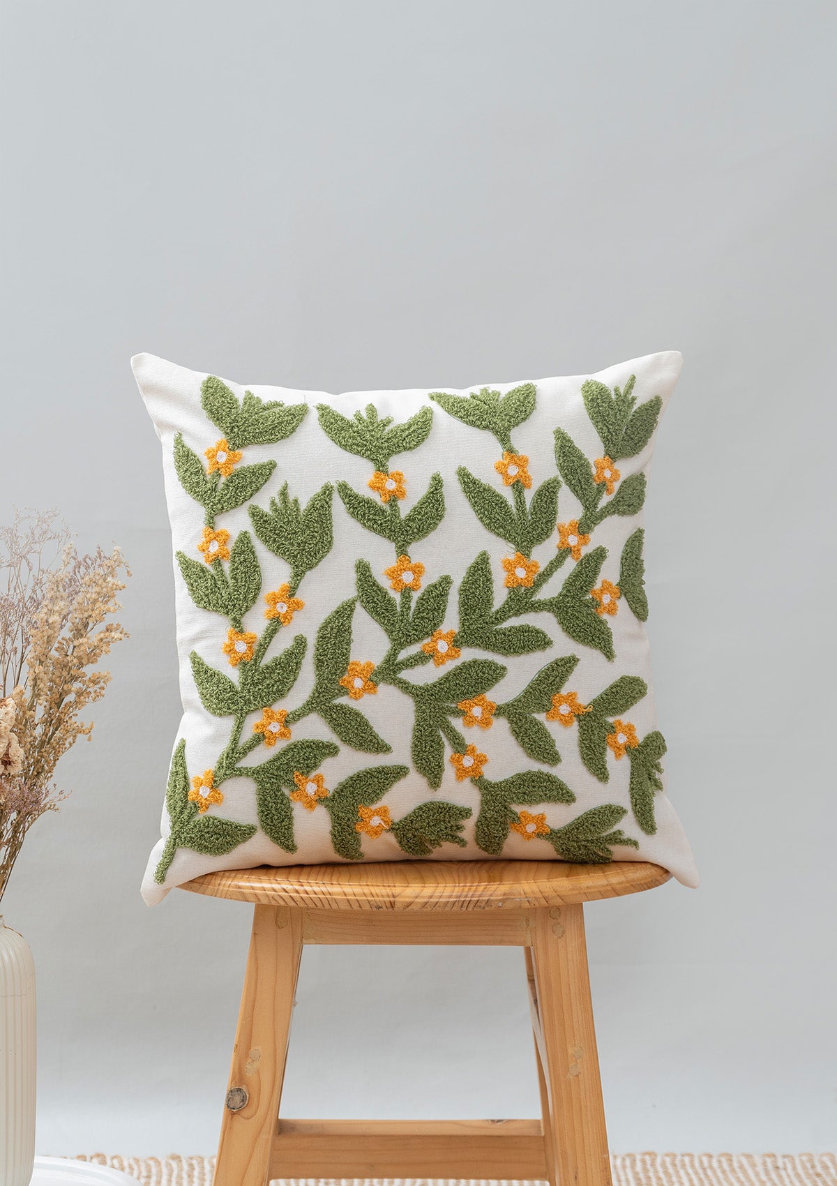 Lush 100% cotton embroidered floral cushion cover combo set for sofa - Orange and Green