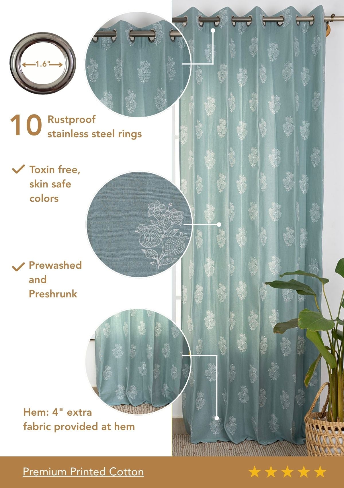 Malabar Marine Teal Floral Printed 100% Cotton Curtain For Bedroom | Light Reduction | Single Piece