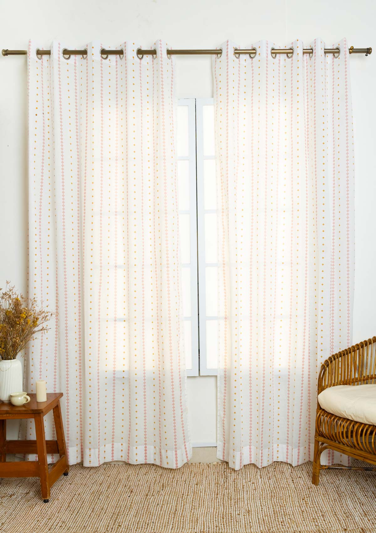 Mallige geometric minimal 100% cotton sheer curtain for living room - Light filtering - Rust and Mustard