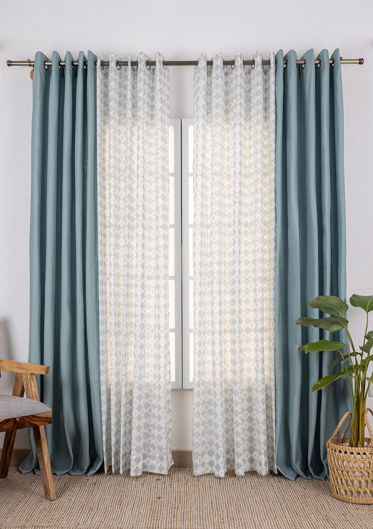 Marine Solid Room Darkening & Arden Printed Sheer Light Reduction | 100% Cotton for Living Room & Bedroom | Solid & Geometric | Teal | Pack of 4