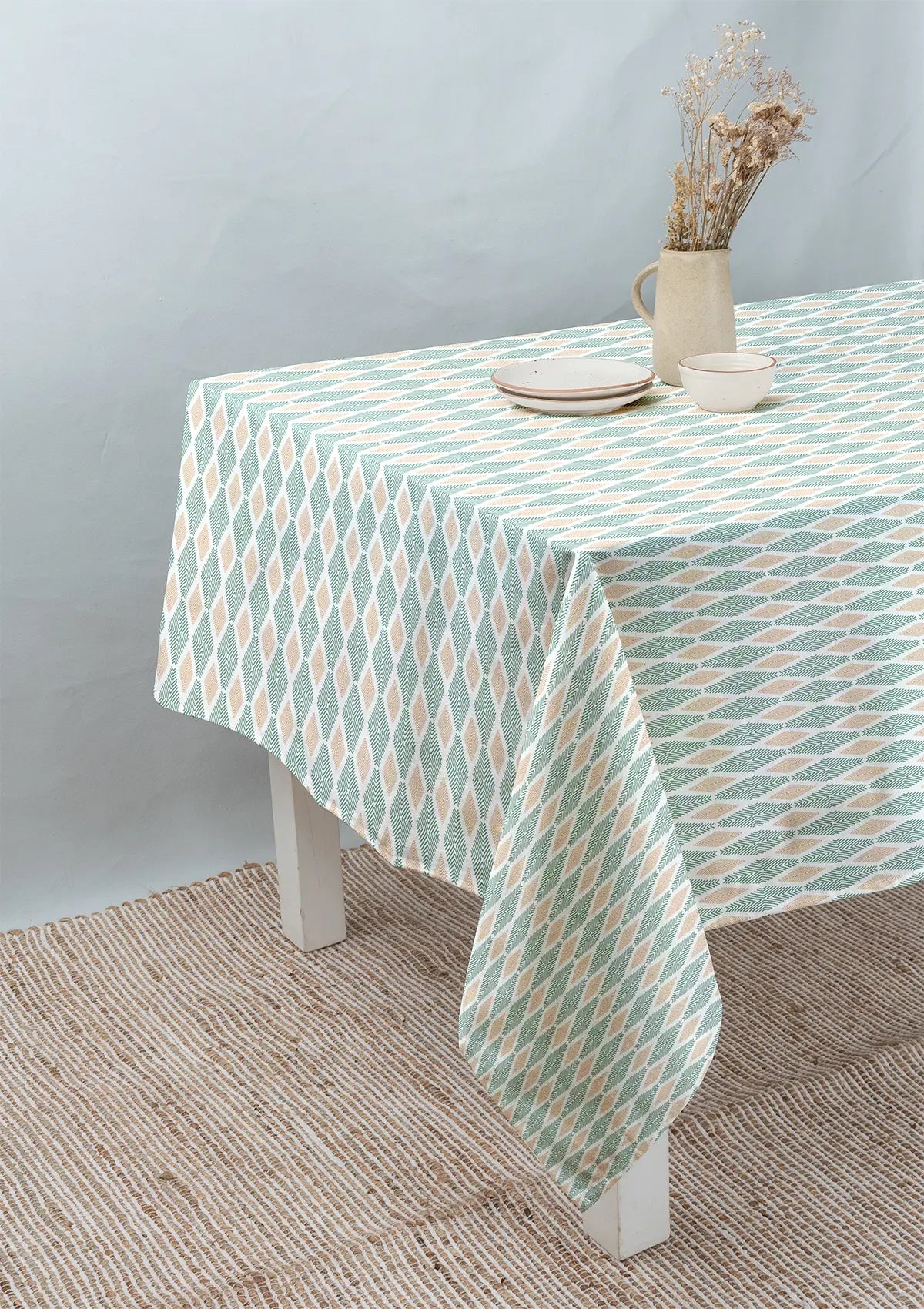 Maze 100% cotton geometric table cloth for 4 seater or 6 seater dining - Sage green