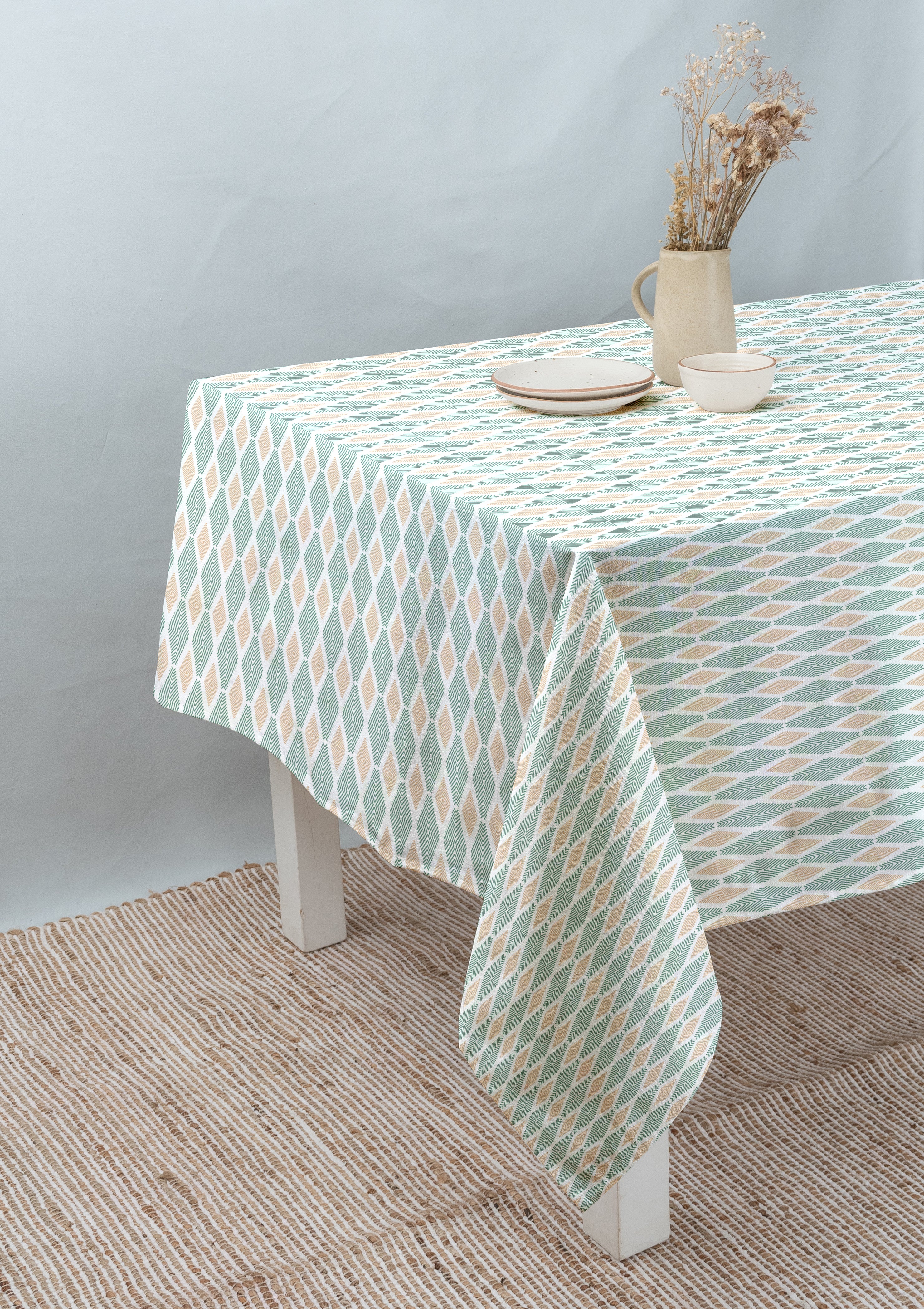Maze 100% cotton customisable geometric table cloth for dining - Sage green
