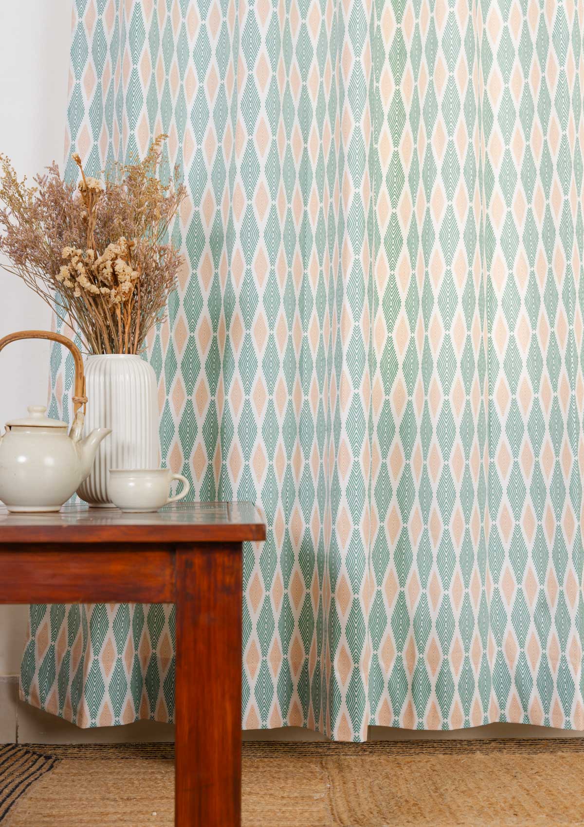 Maze 100% cotton geometric curtain for living room - Room darkening - Sage green - Single