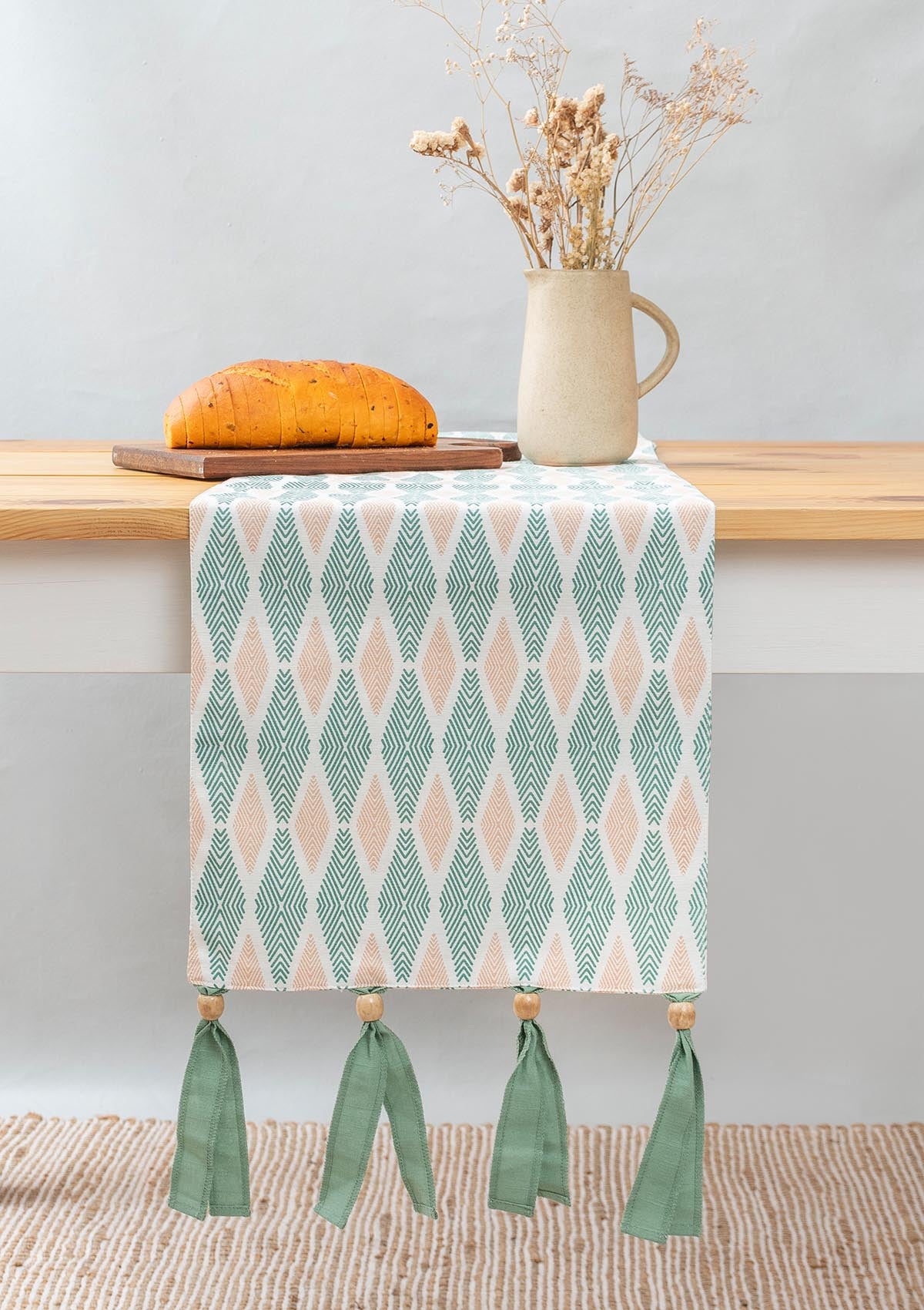 Maze 100% cotton geomtric table runner for 4 seater or 6 seater dining - Sage green - With tassels