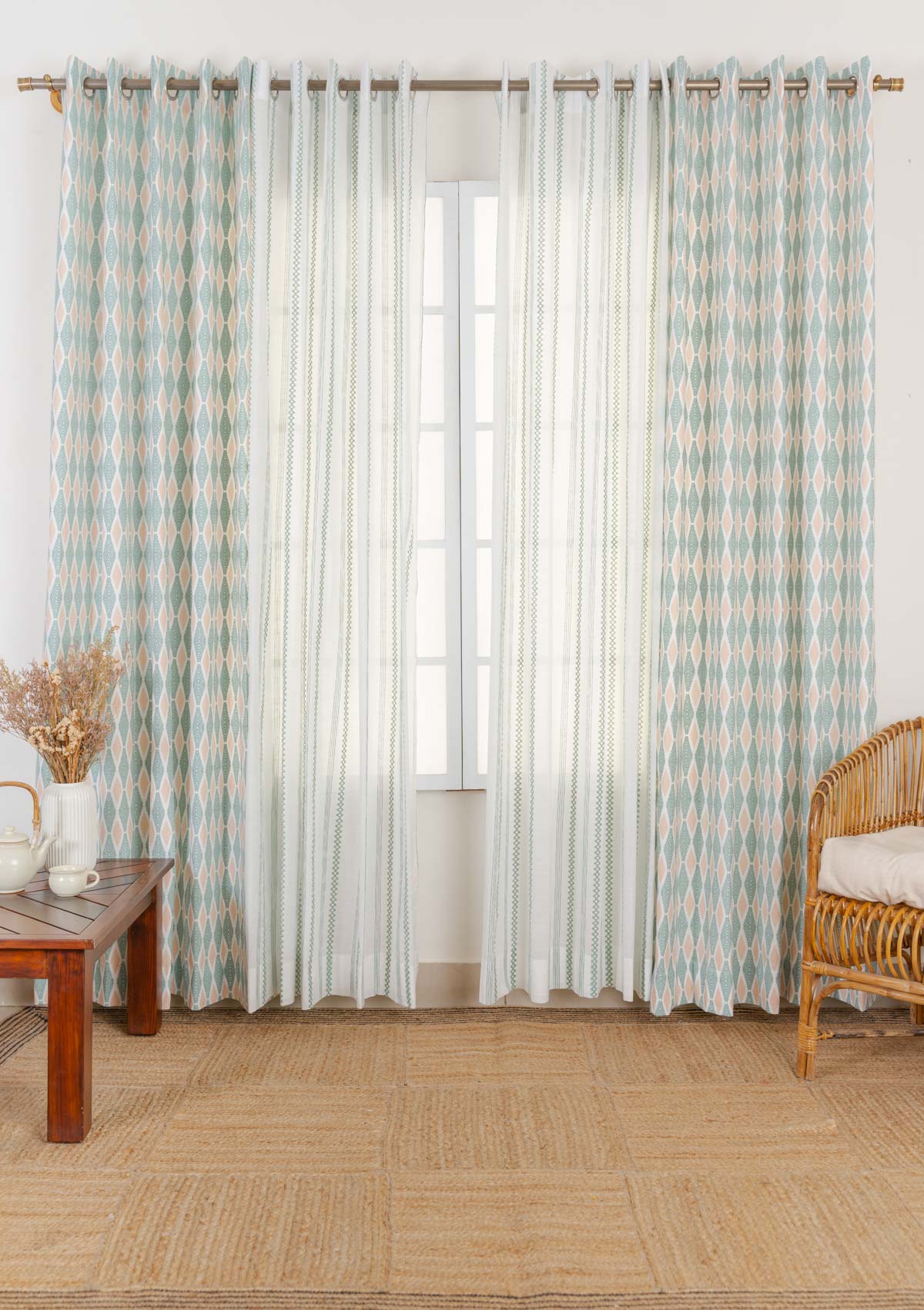 Maze cotton curtain with picket fence geometric sheer 100% cotton curtains for living room - Set of 4