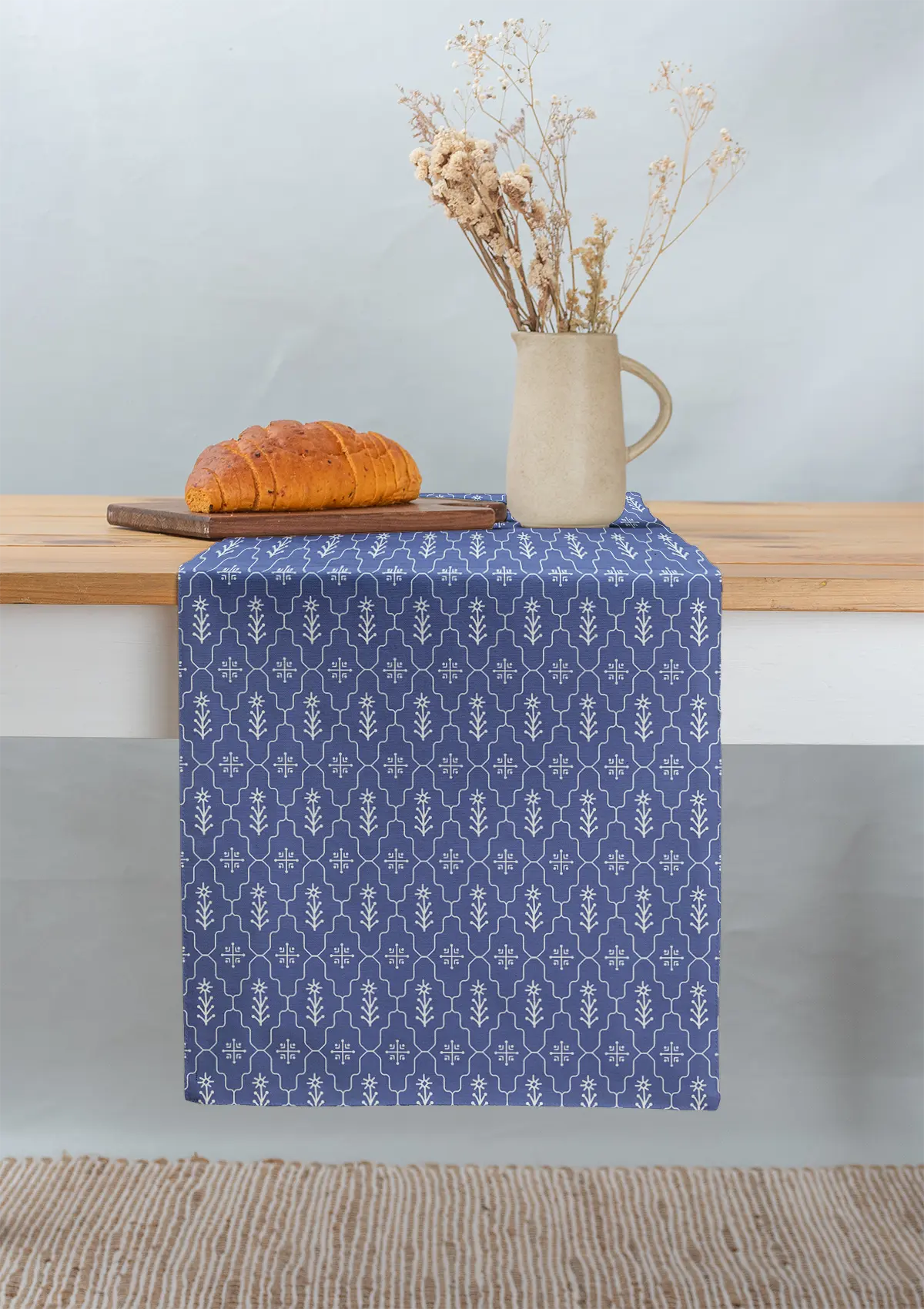 Meadows 100% cotton geomtric table runner for 4 seater or 6 seater dining - Indigo