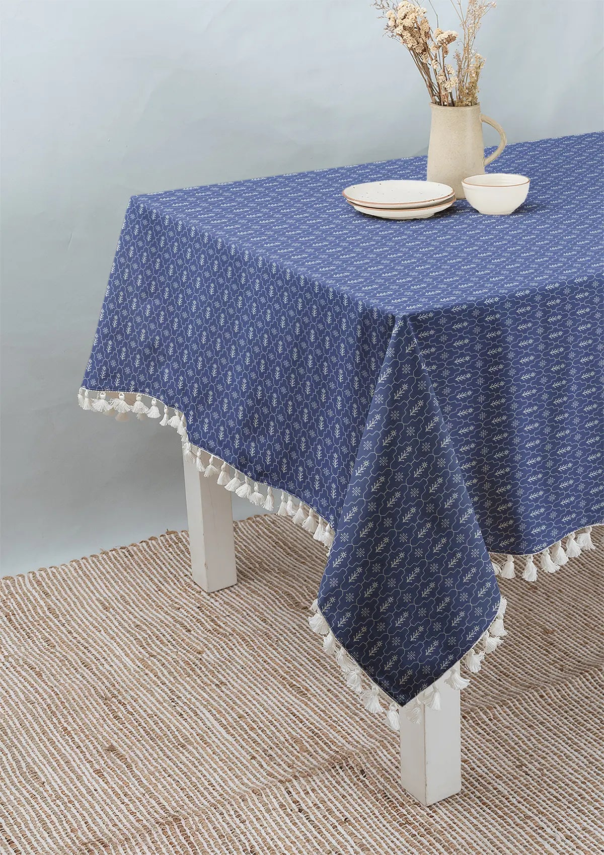 Meadows 100% cotton geomtric table cloth for 4 seater or 6 seater dining - Indigo - With tassel