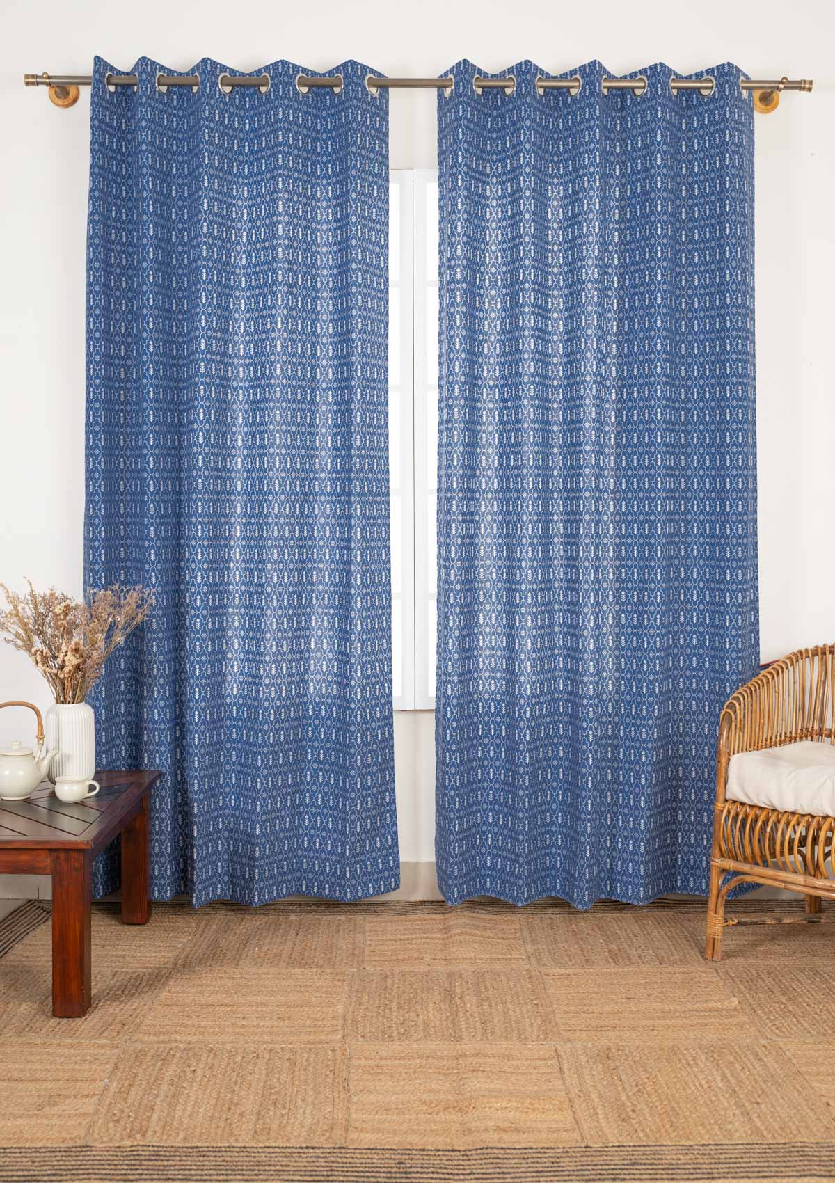 Meadows 100% cotton geometric curtain for bed room - Room darkening - Indigo - Single - Pack of 1