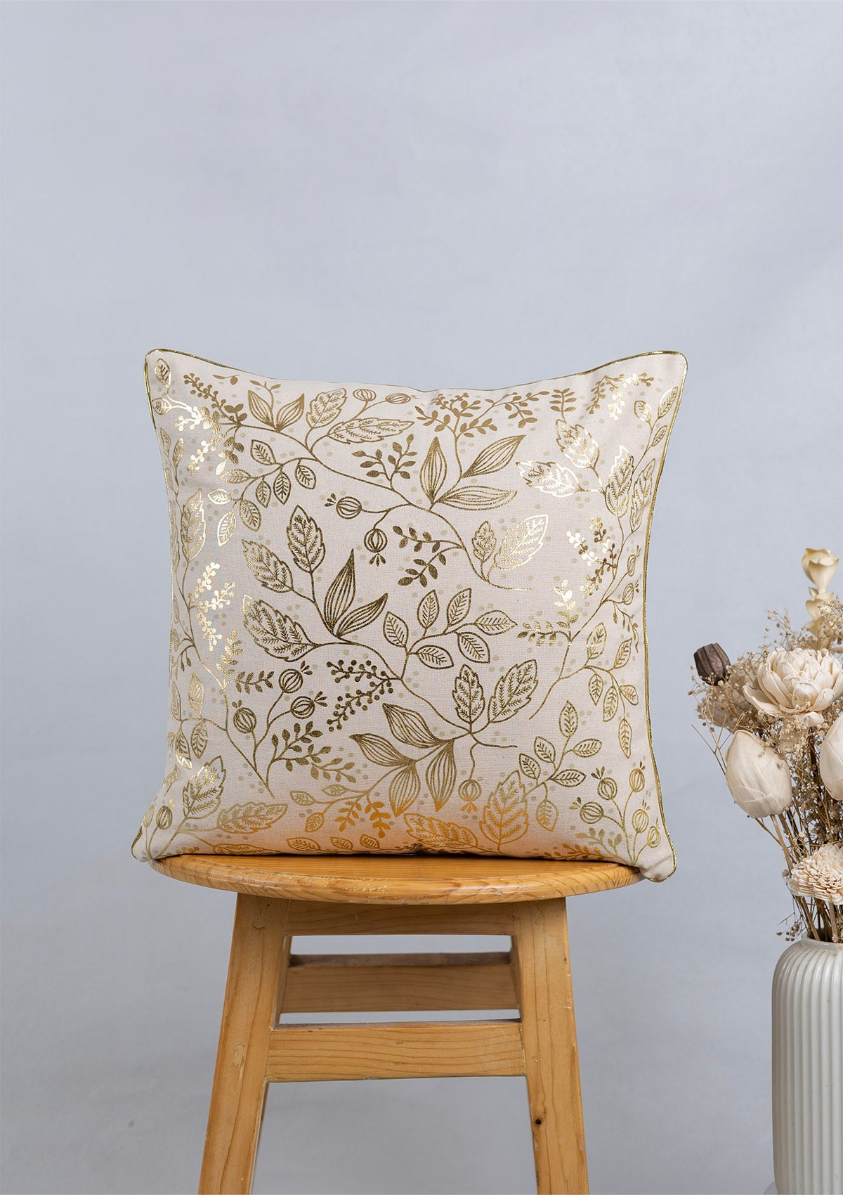 Mirra 100% Cotton Gold printed Beige Cushion Cover - 16"