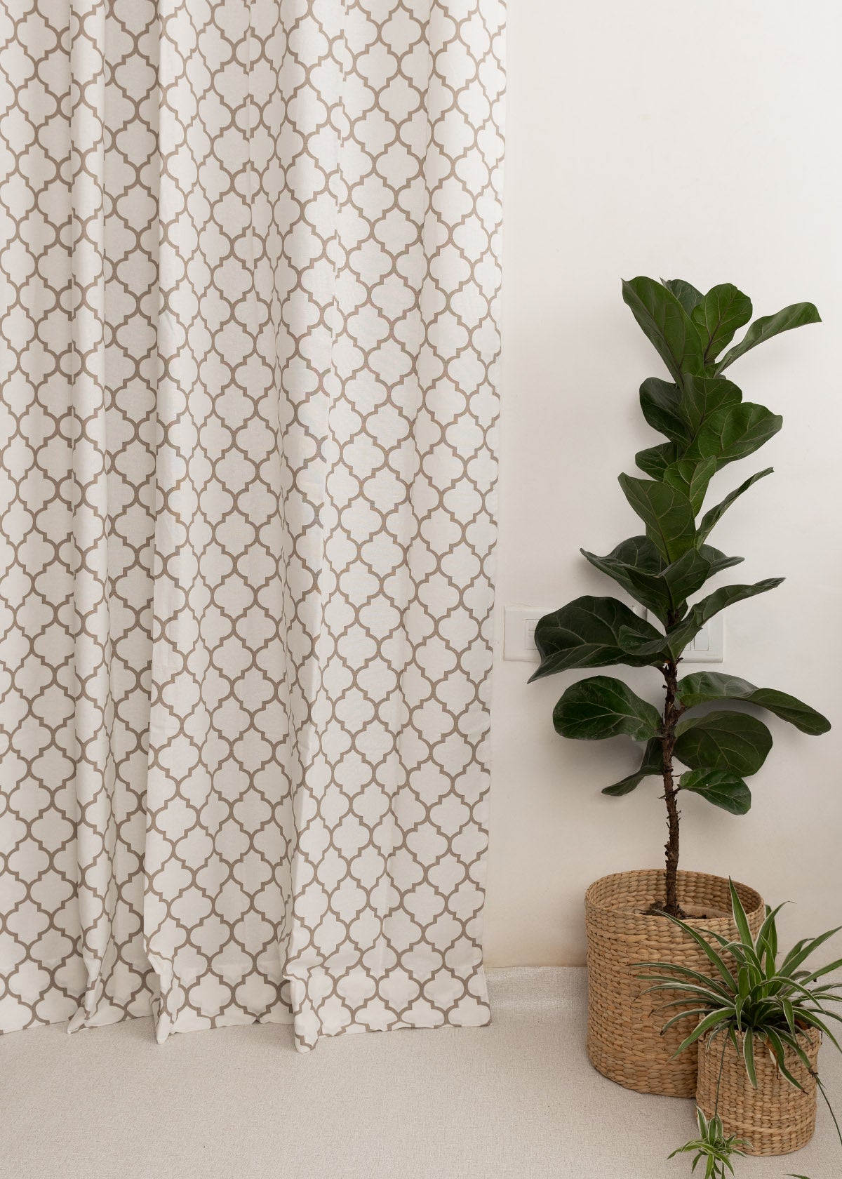 Trellis Printed 100% Customizable Cotton geometric curtain for bed room - Room darkening - Walnut Grey