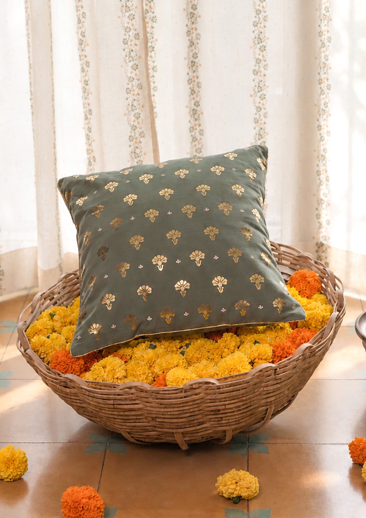 Mudra Teal | Gold Printed Floral | 100% Cotton Cushion Cover For Sofa