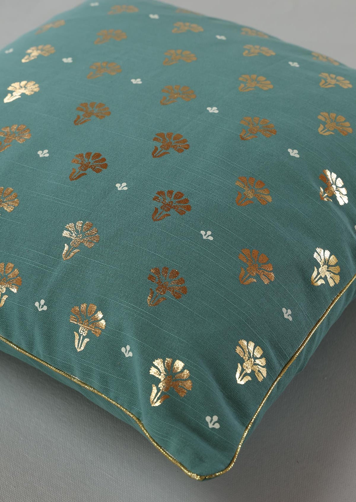 Mudra Teal | Gold Printed Floral | 100% Cotton Cushion Cover For Sofa
