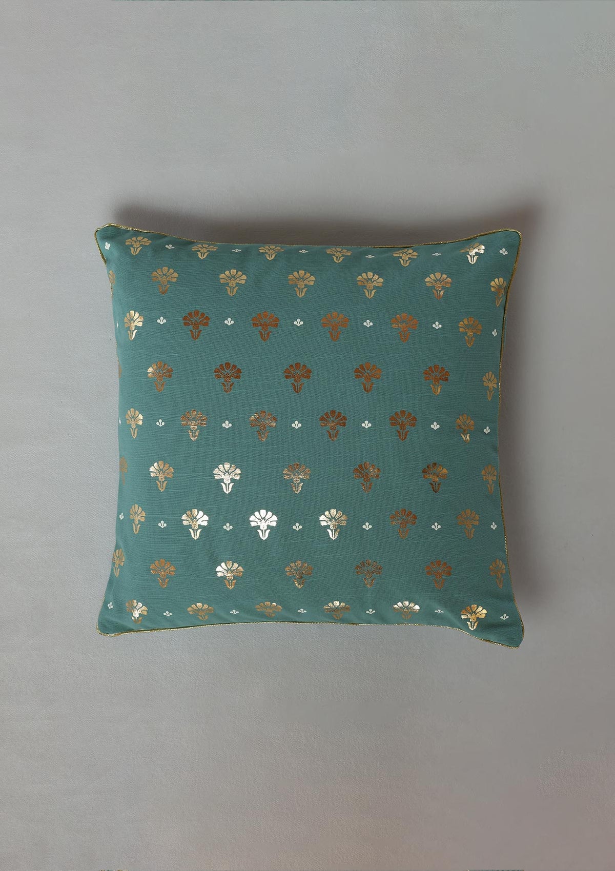 Mudra Teal | Gold Printed Floral | 100% Cotton Cushion Cover For Sofa