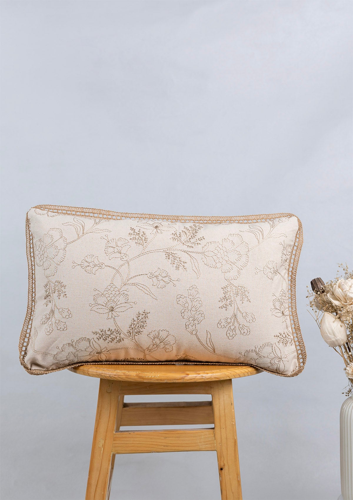 Mukta 100% Cotton Embroidered Brown & Beige Cushion Cover - 12" x 20"
