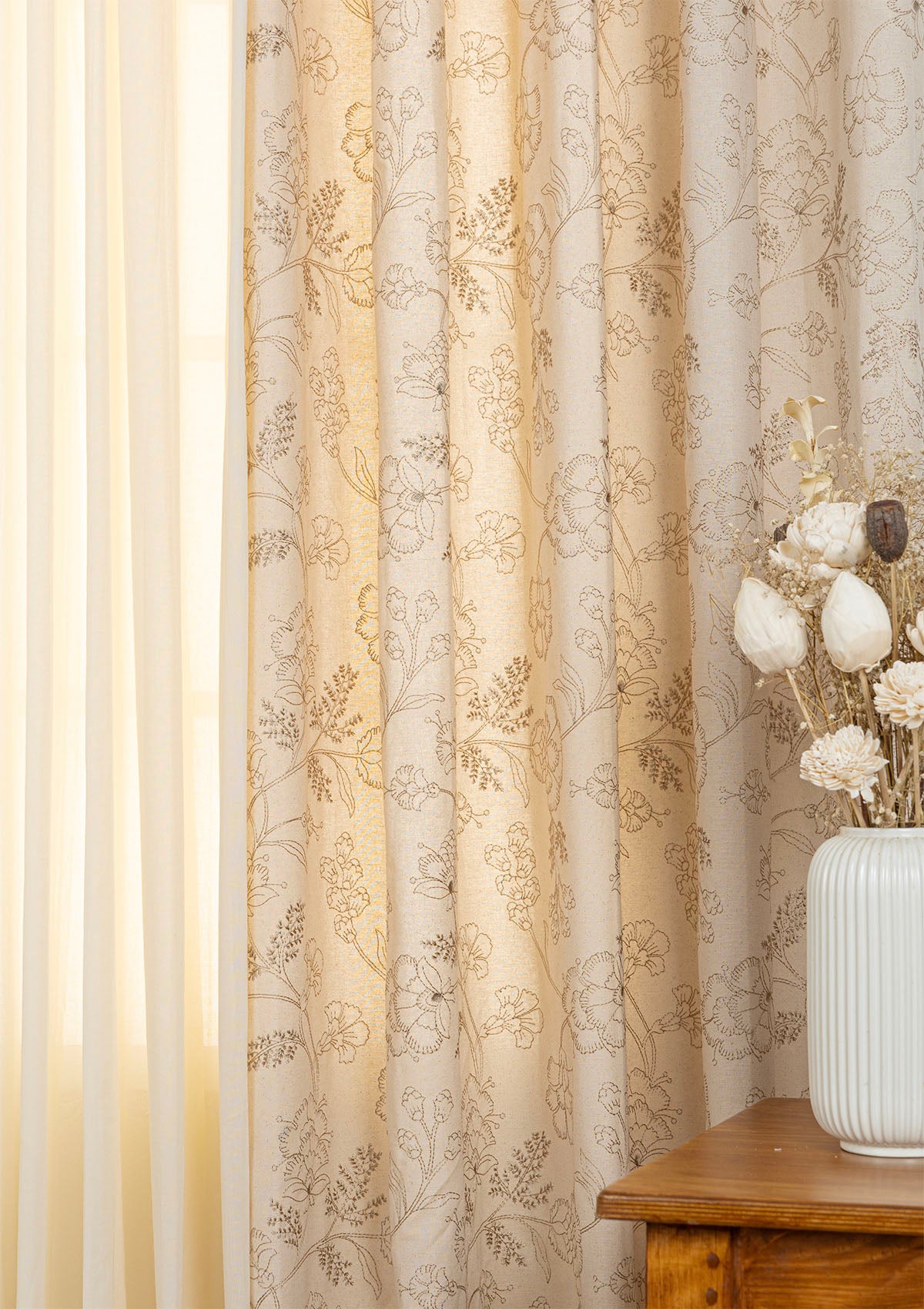 Mukta Embroidery Light Reduction Curtain & Solid Cream Sheer - 100% Cotton for Living Room & Bedroom - Pack of 4