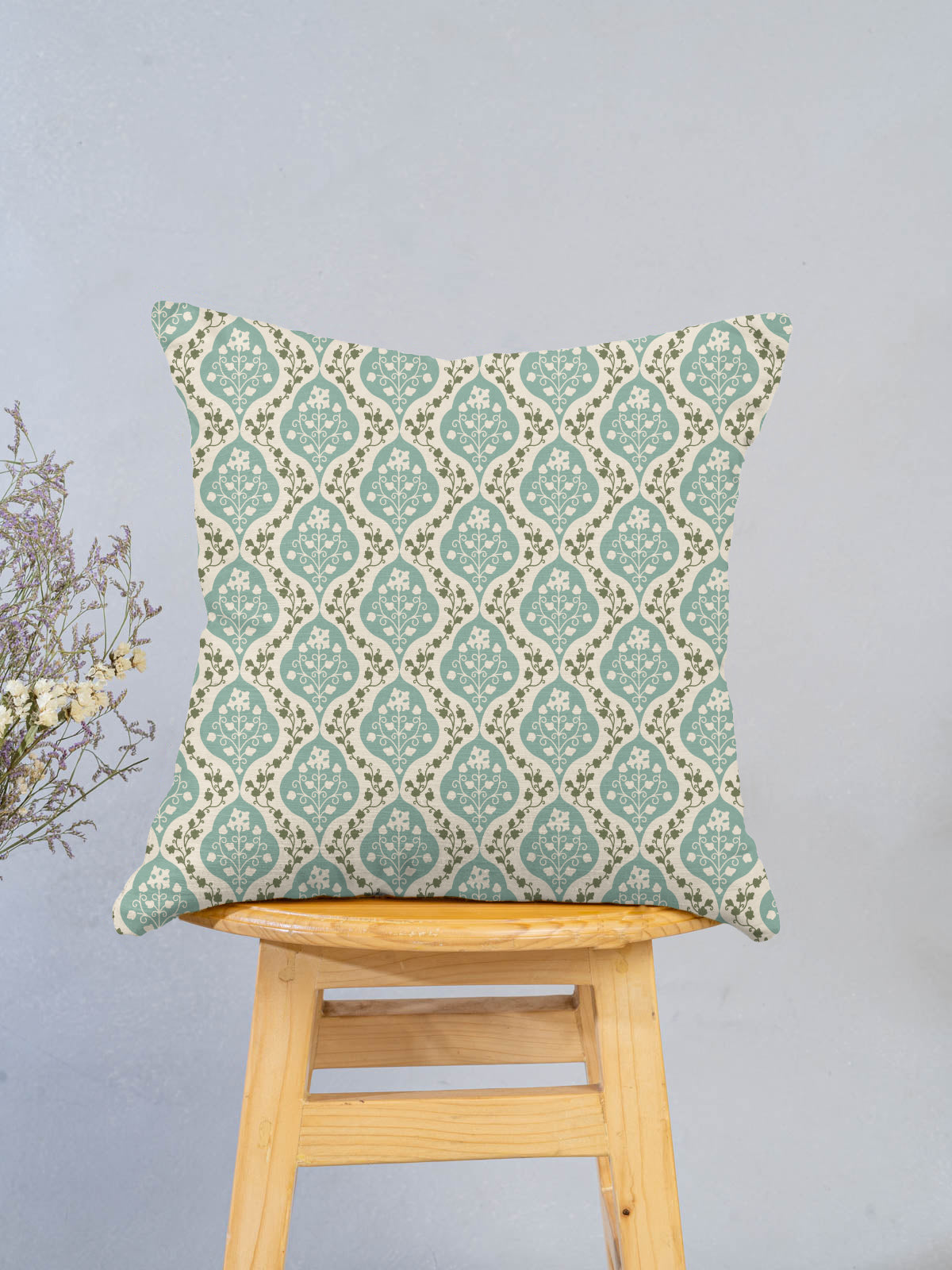 Mulbagal Geometric - Floral printed 100% Cotton Cushion Cover for Sofa - Sage Green