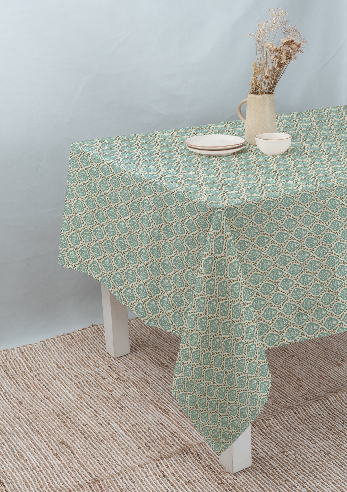 Mulbagal Geometric - Floral printed 100% Cotton Table cloth for 4 seater, 6 seater and 8 seater dining - Sage Green