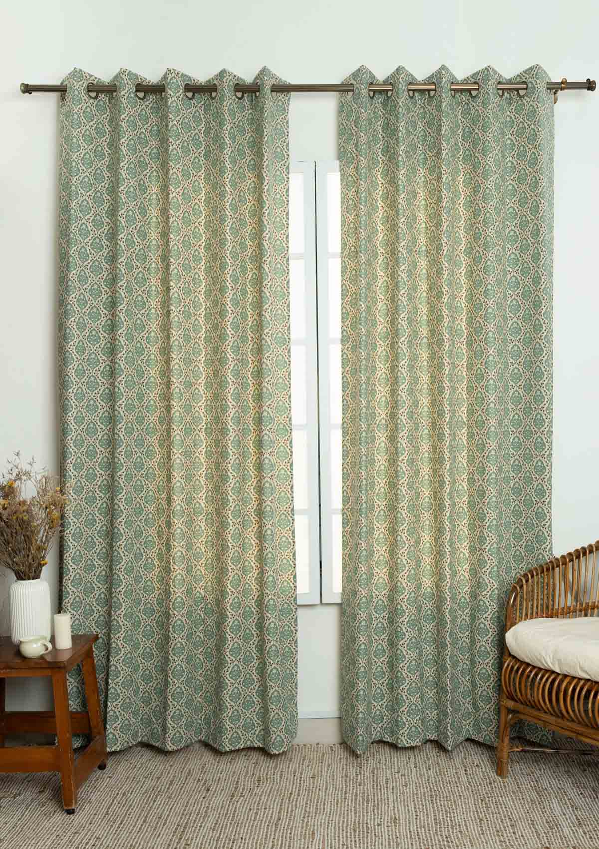 Mulbagal Geometric - Floral printed 100% Cotton Curtain for Living Room and Bedroom - Room Darkening - Sage Green