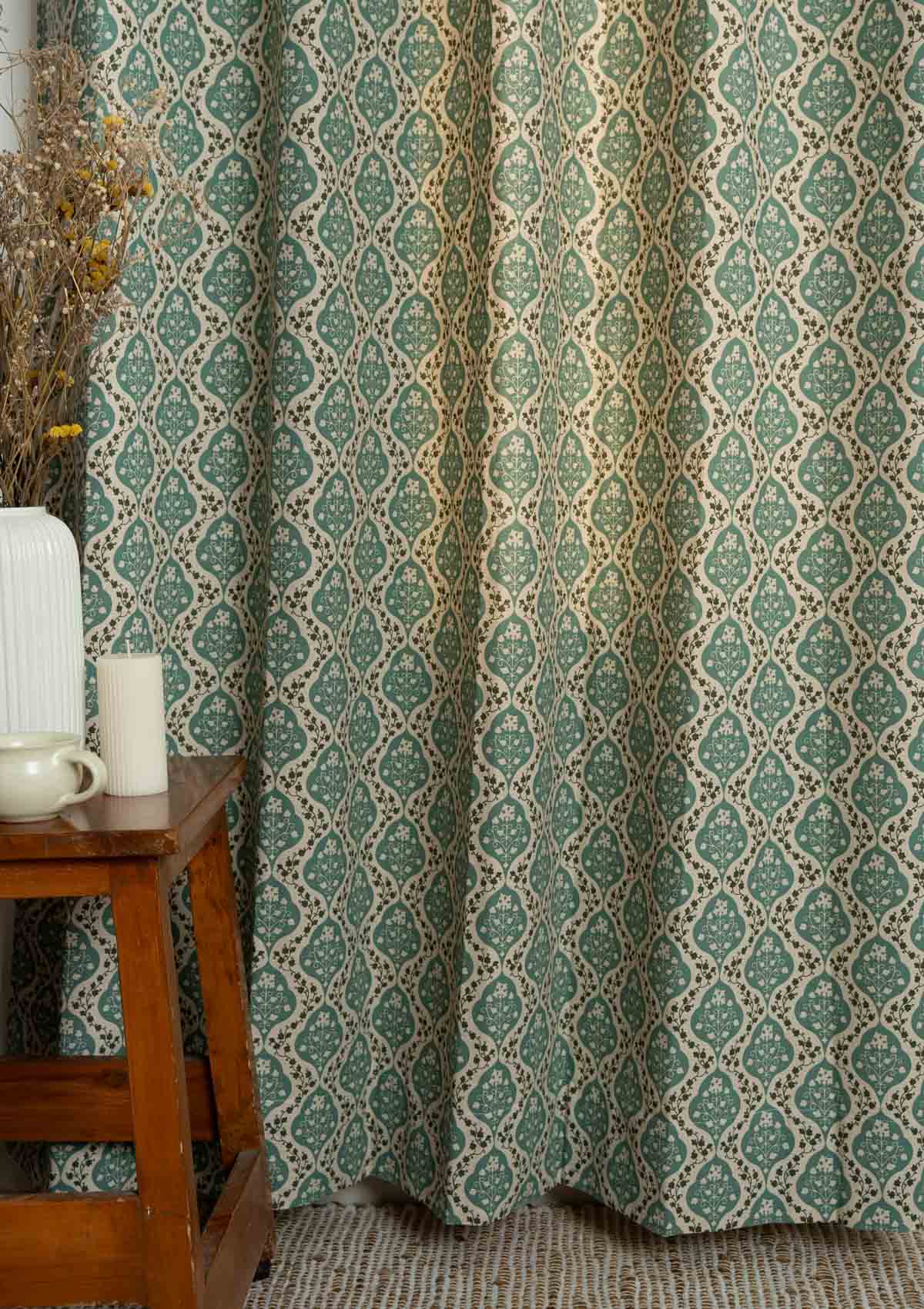 Mulbagal Geometric - Floral printed 100% Cotton Curtain for Living Room and Bedroom - Room Darkening - Sage Green