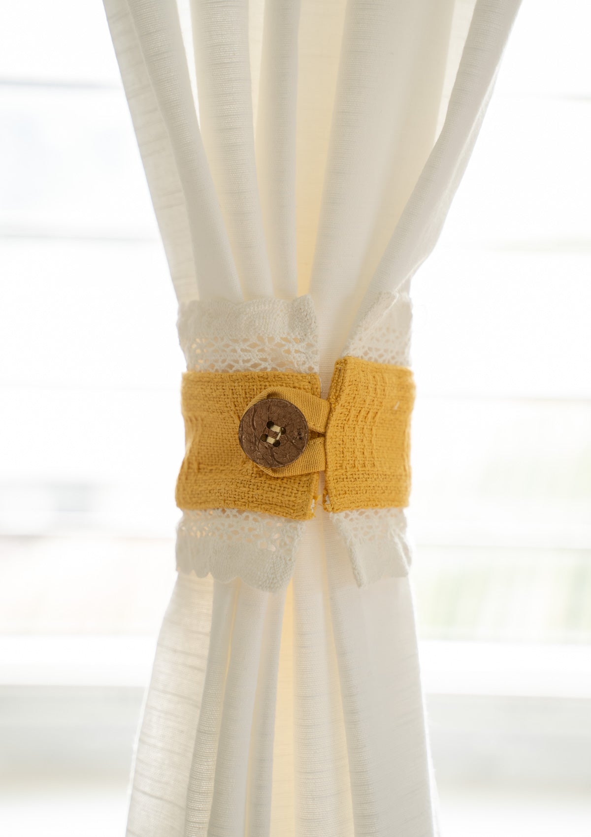 Mustard solid Textured Cotton curtain tie back with Coconut shell button - Pack of 2