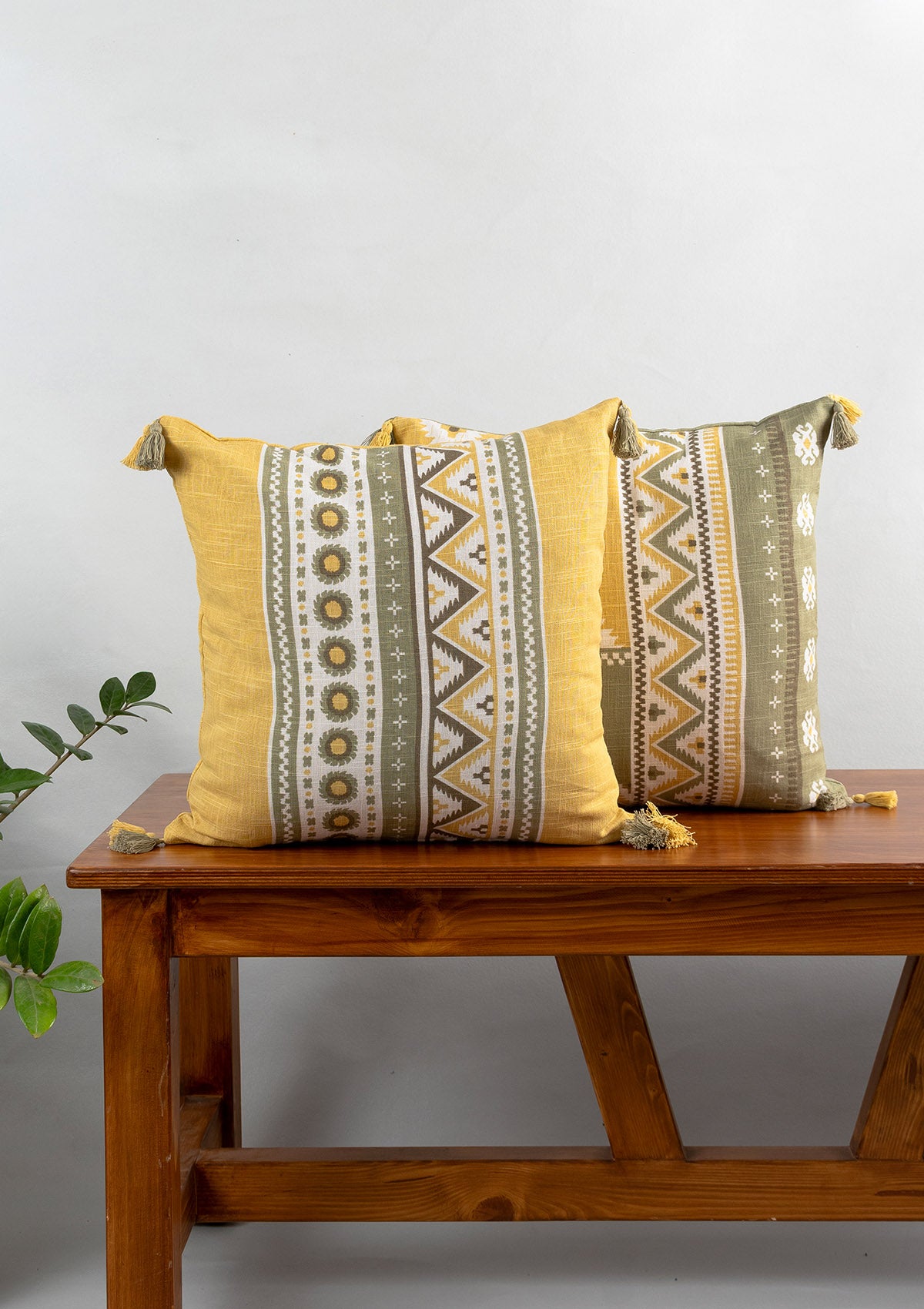Nadar 100% Cotton Printed &  Zenith Geometric Design Cushion Covers for Sofa - Yellow - Pack of 2