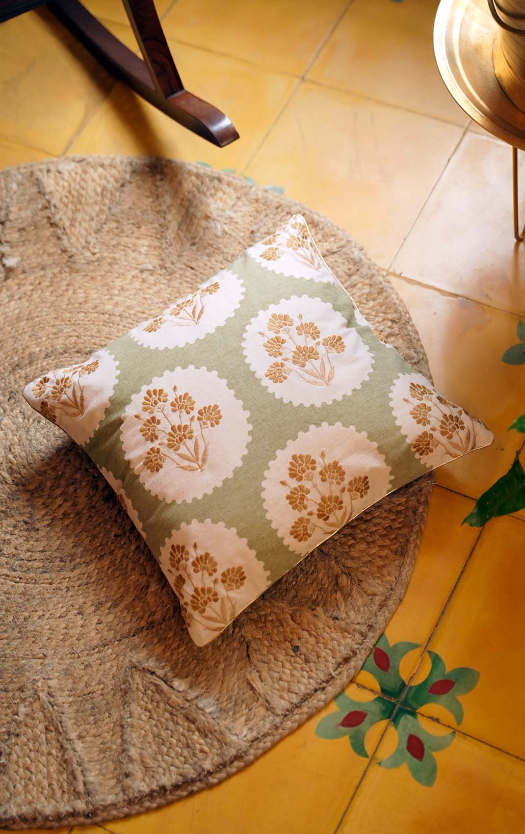 Nargis Green & Mustard | Embroidered Floral |100% Cotton Cushion Cover For Sofa