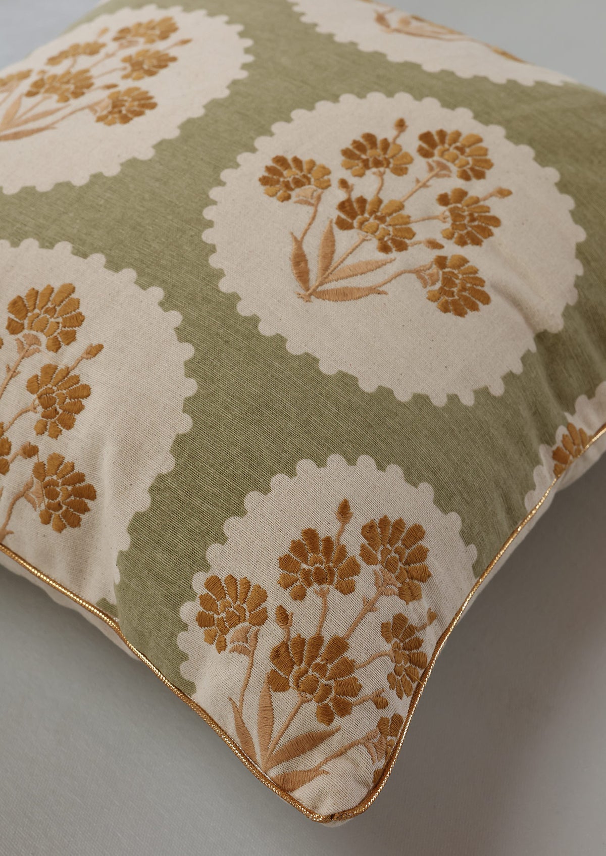 Nargis Green & Mustard | Embroidered Floral |100% Cotton Cushion Cover For Sofa