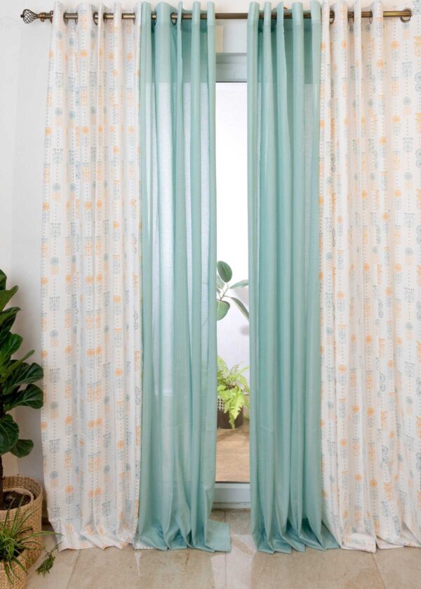 Wild Bouquet Corn Yellow ,Nile Blue Sheer Set Of 4 Combo Cotton Curtain - Corn Yellow And Nile Blue