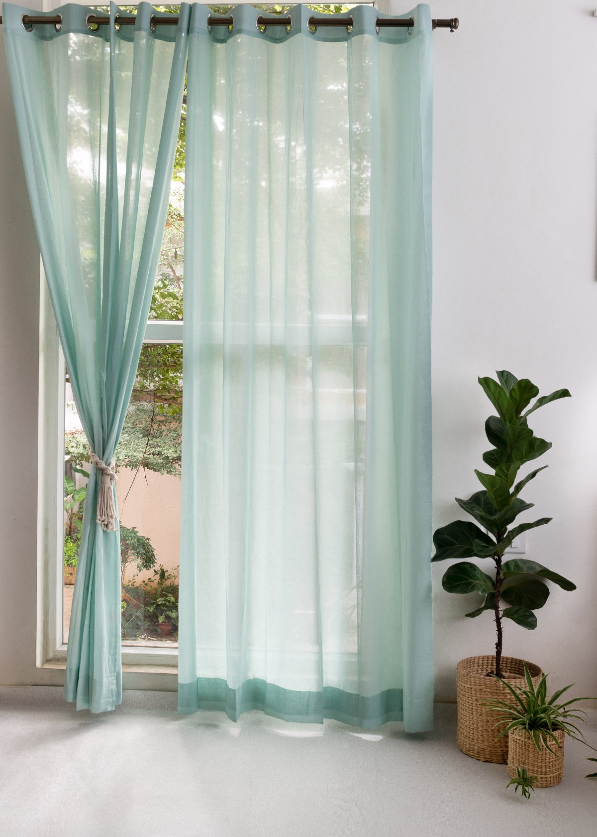 Solid Nile Blue sheer 100% Customizable Cotton plain curtain for Living room & bedroom - Light filtering
