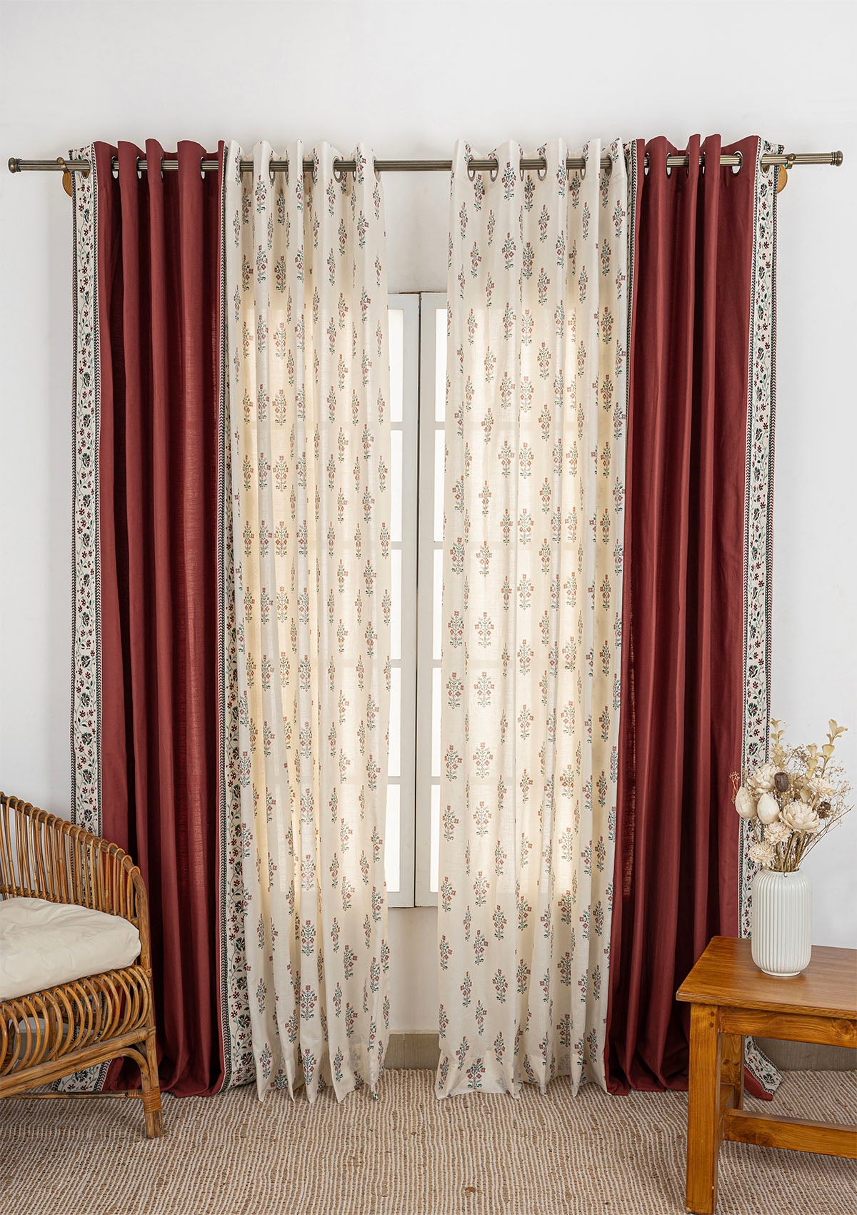 Crimson Red Plain Room Darkening Curtain & Palash Printed Sheer - 100% Cotton for Living Room & Bedroom - Pack of 4
