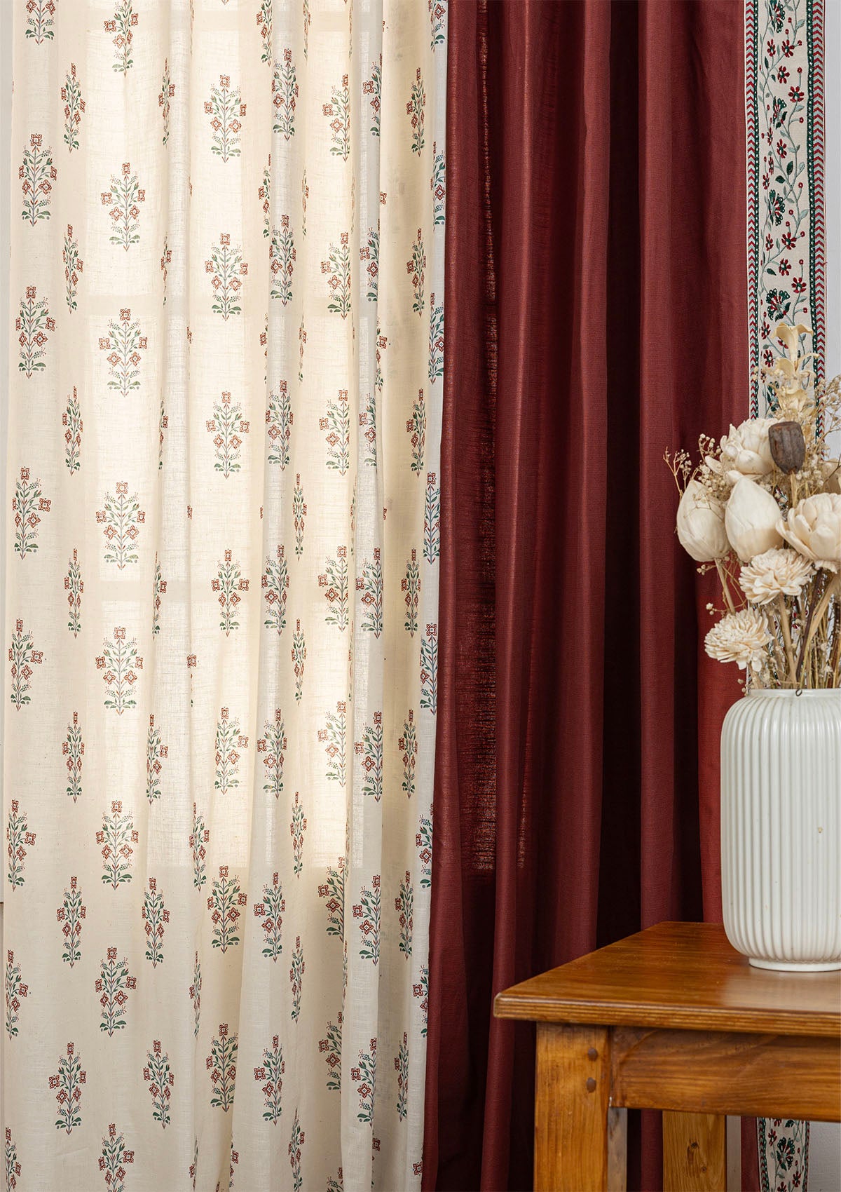 Crimson Red Plain Room Darkening Curtain & Palash Printed Sheer - 100% Cotton for Living Room & Bedroom - Pack of 4