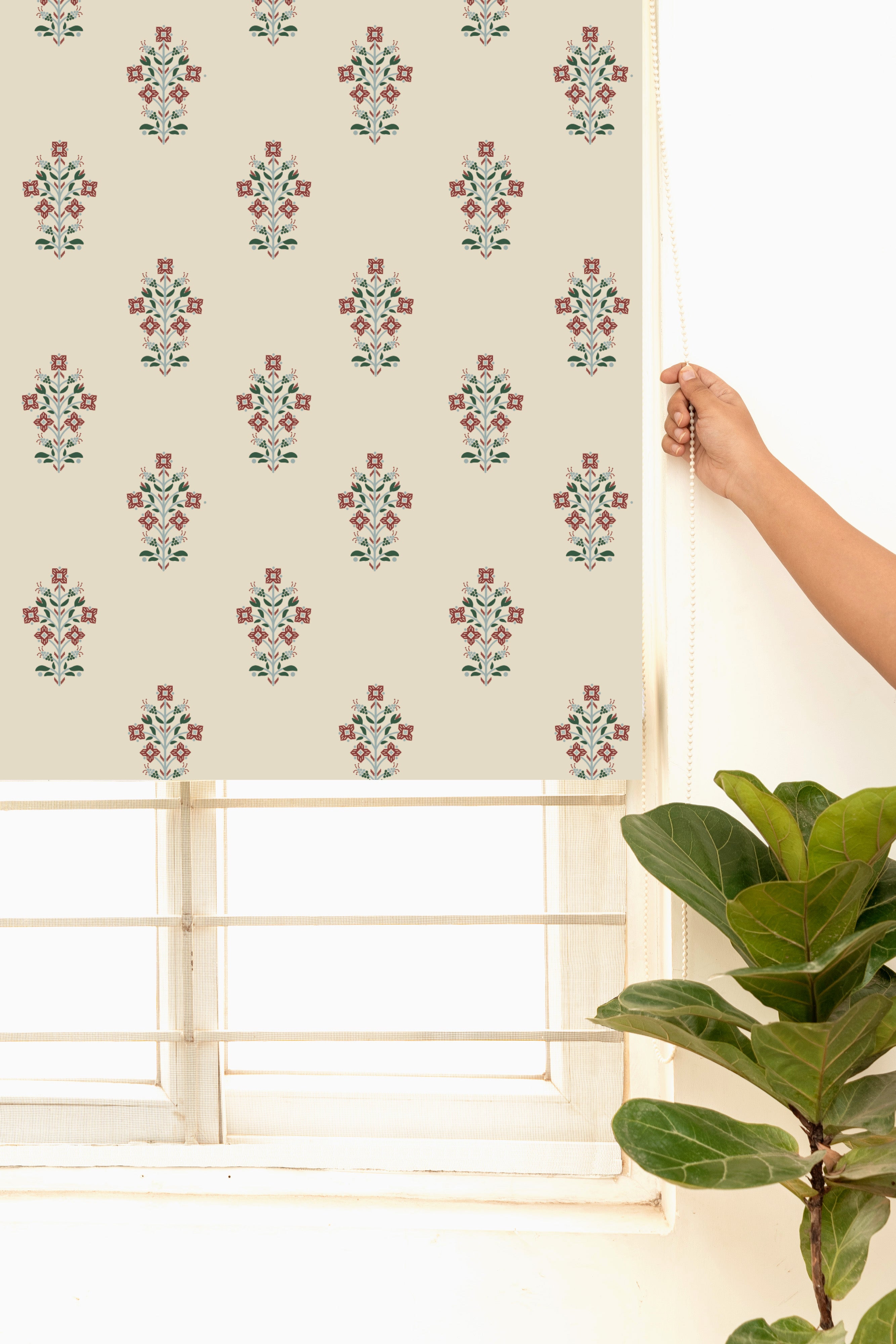 Palash 100% Cotton Sheer Printed Customizable blind for livingroom & Bedrooms-Light Filtering-Green and Red