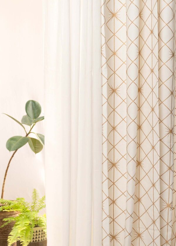 Stardust Pale Gold, Warm White Solid Sheer Set Of 4 Combo Cotton Curtain - Cream And White