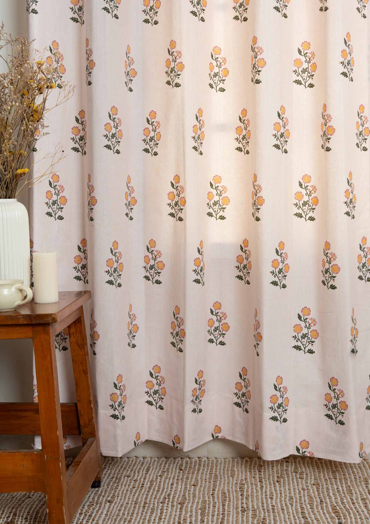 Parijatha Floral printed 100% Cotton Curtain for Living Room and Bedroom - Room Darkening - Rust and Mustard