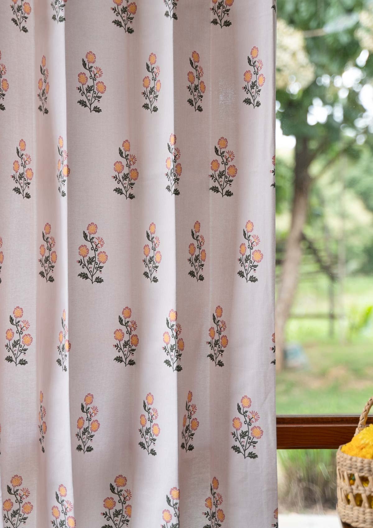 Parijatha Floral printed 100% Cotton Curtain for Living Room and Bedroom - Room Darkening - Rust and Mustard - Pak of 1