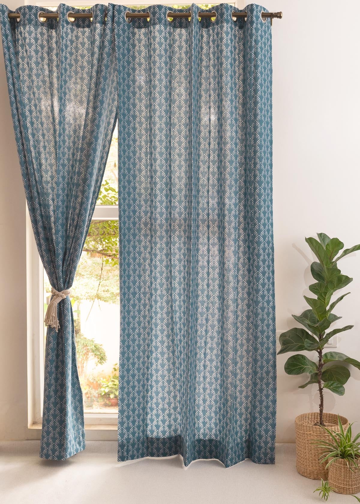 Pergola Printed Cotton Curtain - Indigo