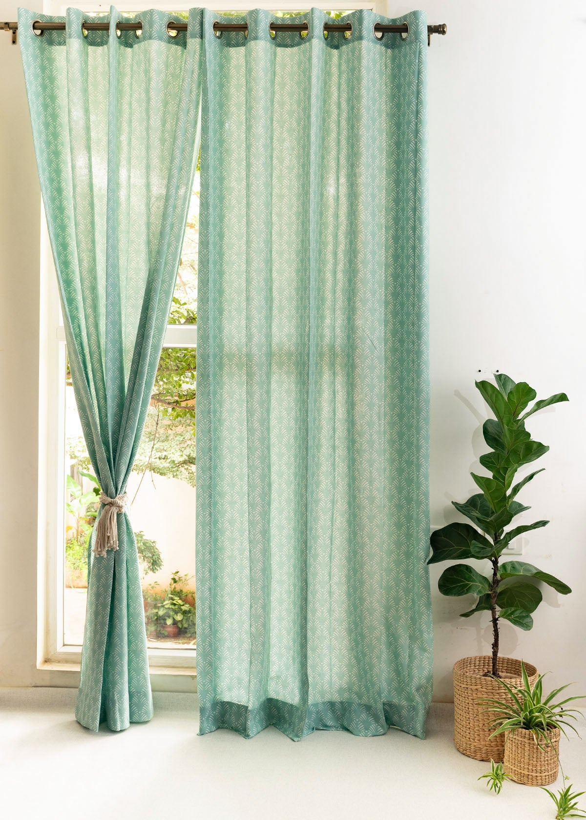 Pergola Printed Cotton Curtain - Nile Blue