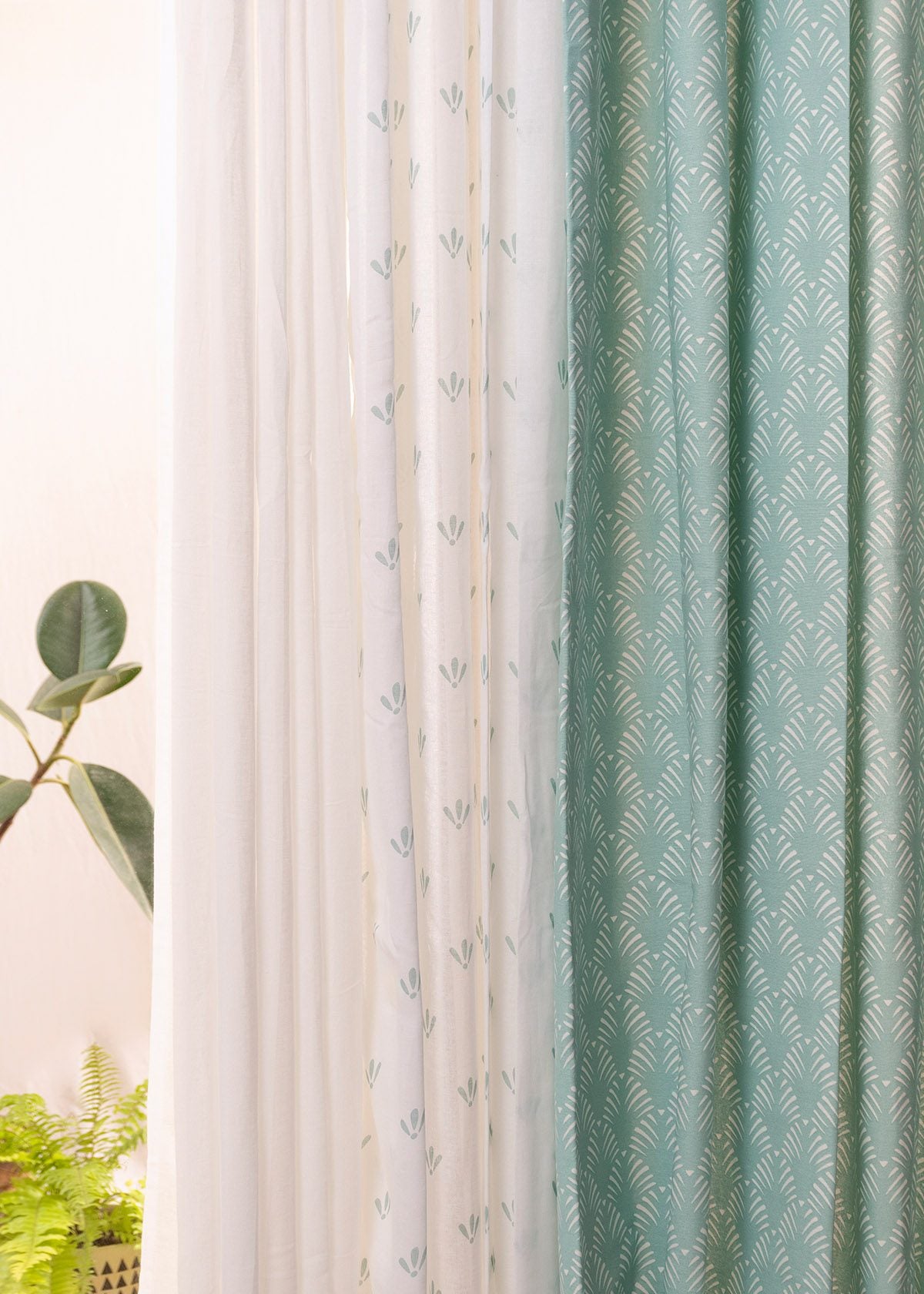 Pergola Nile Blue, Aniseed Nile Blue Sheer, Warm White Solid Sheer Set Of 6 Combo Cotton Curtain - Nile Blue And White