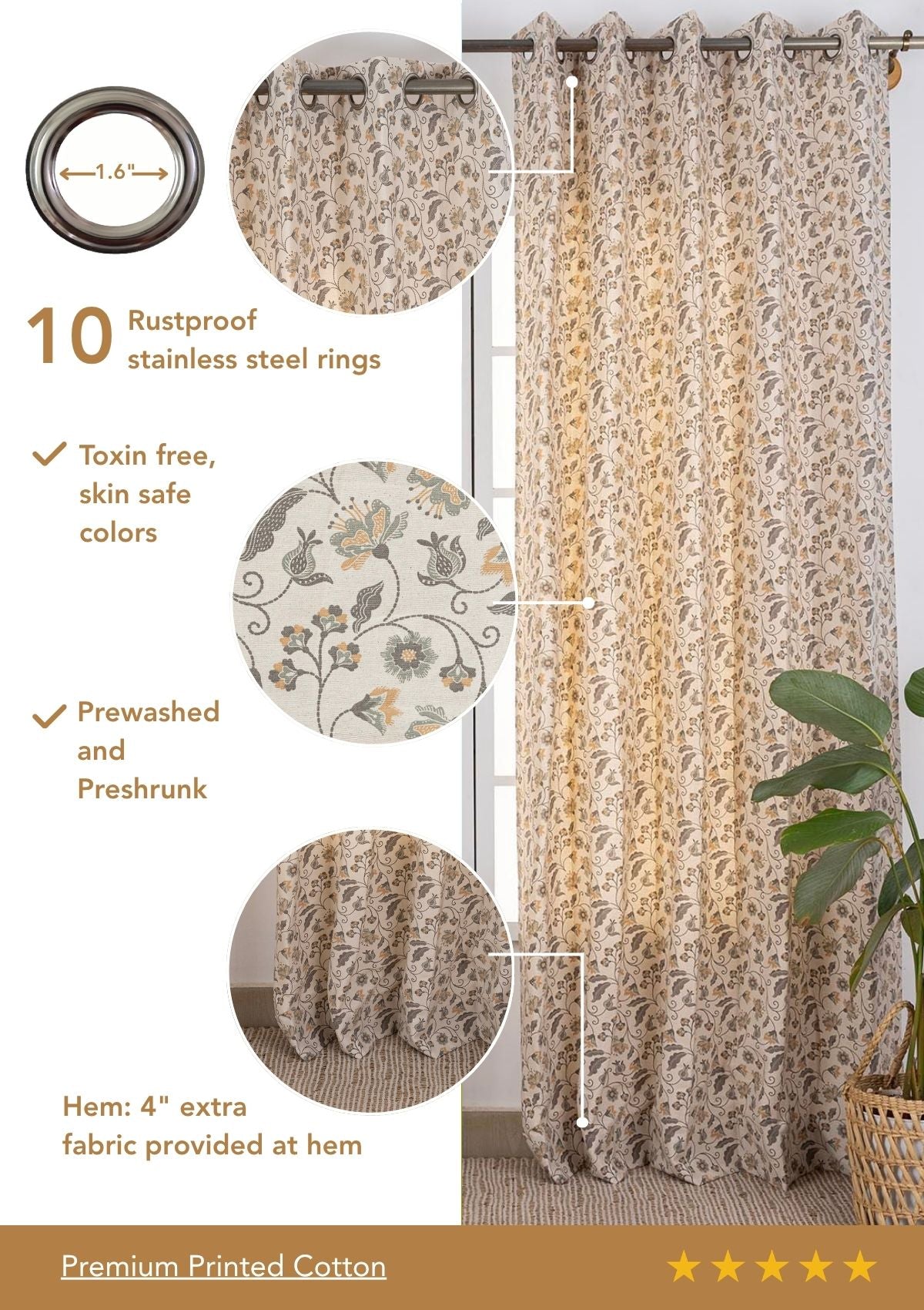 Pomera Grey Floral Printed 100% Cotton Curtain For Living Room | Light Reduction | Single Piece