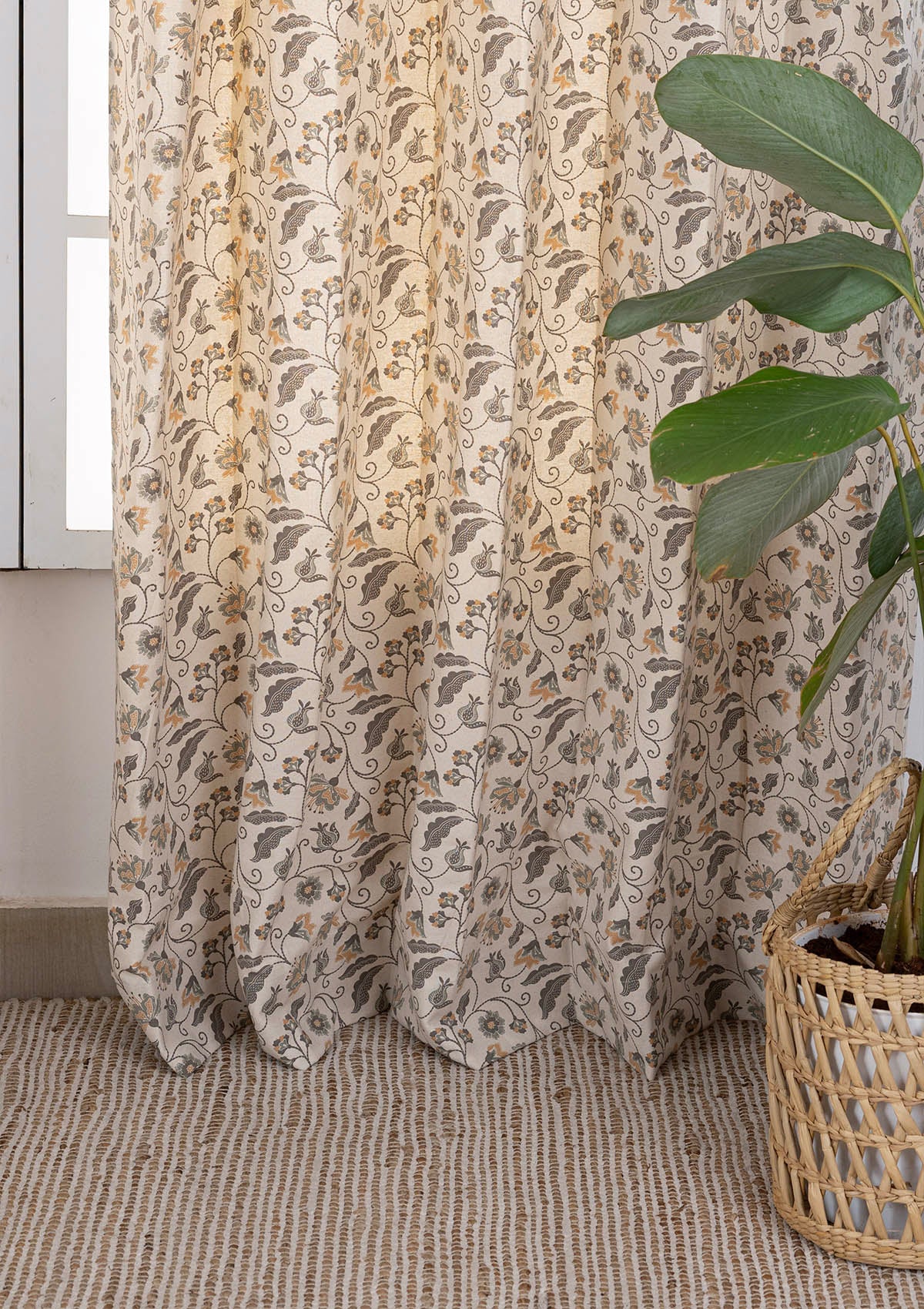 Pomera Grey Floral Printed 100% Cotton Curtain For Living Room | Light Reduction | Single Piece